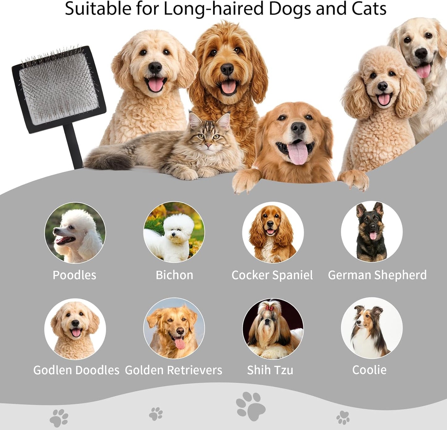 Dog Slicker Brush for Goldendoodles, Poodles & Long Haired Dogs - Long Pin Doodle Brush & Pet Comb Kit Removes Tangles Loose & Knots, Professional Grooming Tools with Wooden Handle, Black