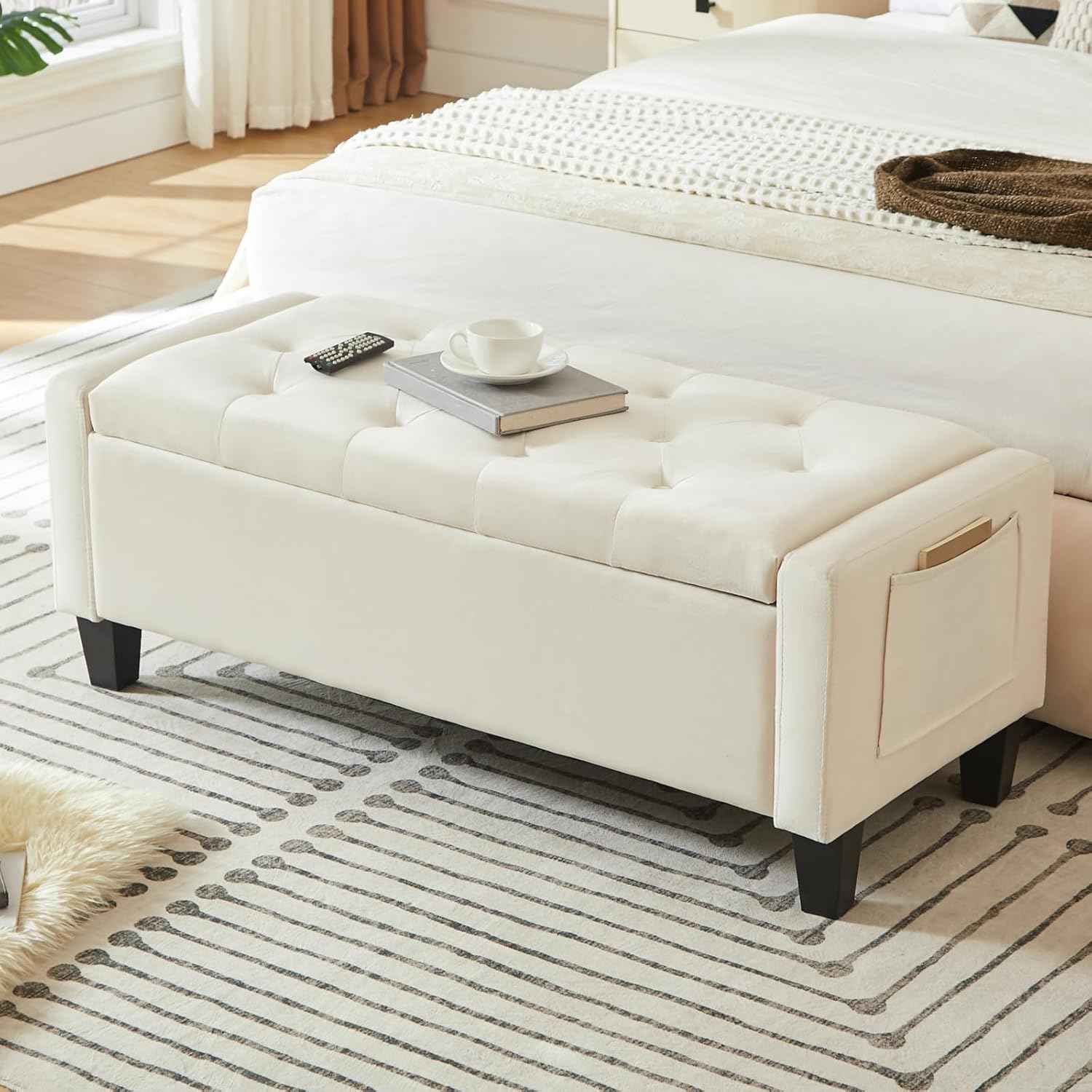 Velvet Storage Ottoman Bench for Bedroom, End of Bed Bench with Button, Side Storage Pockets, Organizer Storage Chest, Upholstered Foot Rest, Load up to 400 lb, for Living Room, Entryway, Beige