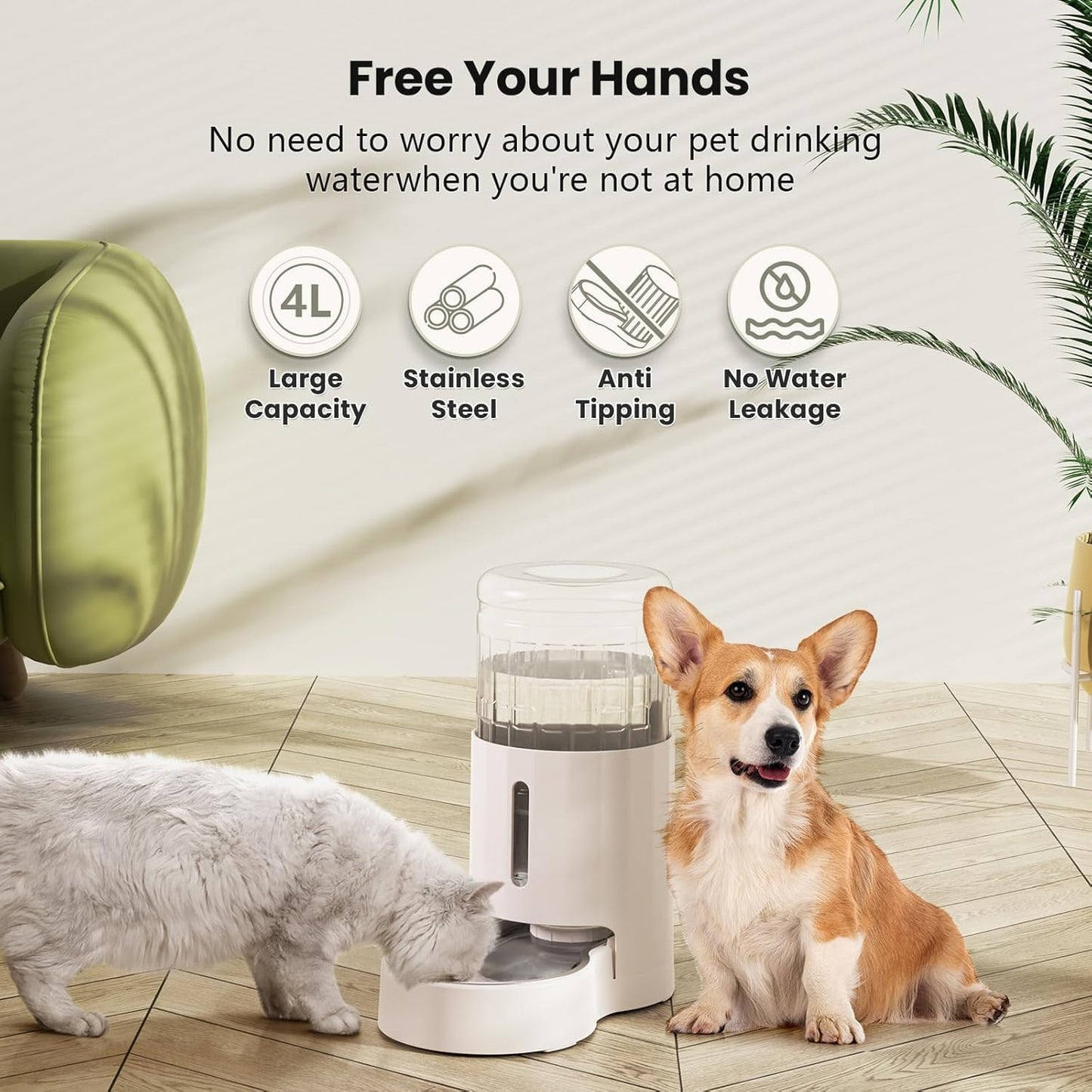 CZPET Automatic 4L/135Oz/1Gal Cat Water Dispenser with Stainless Steel Bowl, Gravity Waterer for Small Medium Dog Puppy Kitten (White)