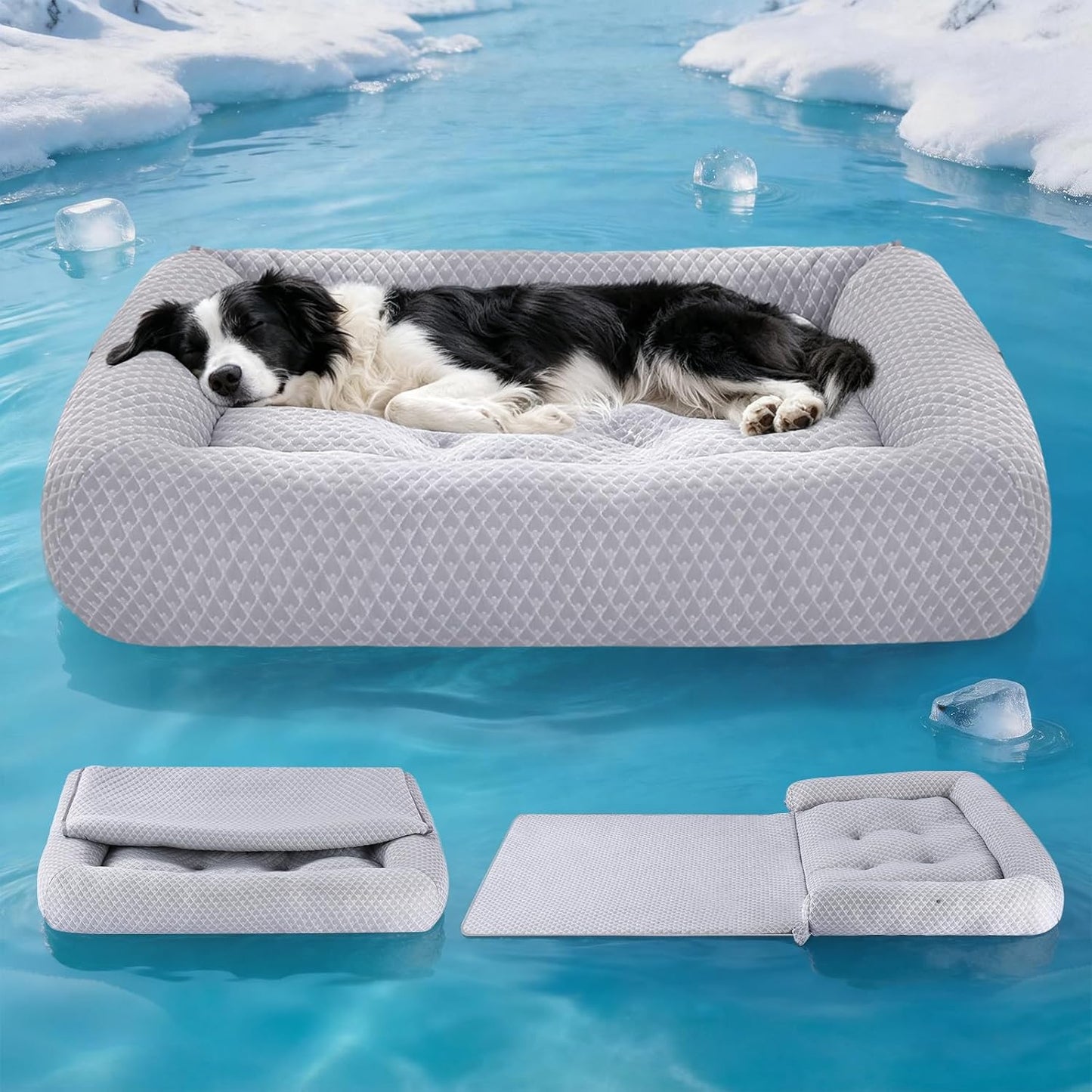 Rywell 3-in-1 Cooling Dog Beds for Large Dogs, Dog Cooling Mat with Arc-Chill Tech (Q-Max>0.5), Dog Crate Pad for Summer, Non-Slip & Fully Machine Washable, Gift for Dog Lovers, 35" x 28", Grey