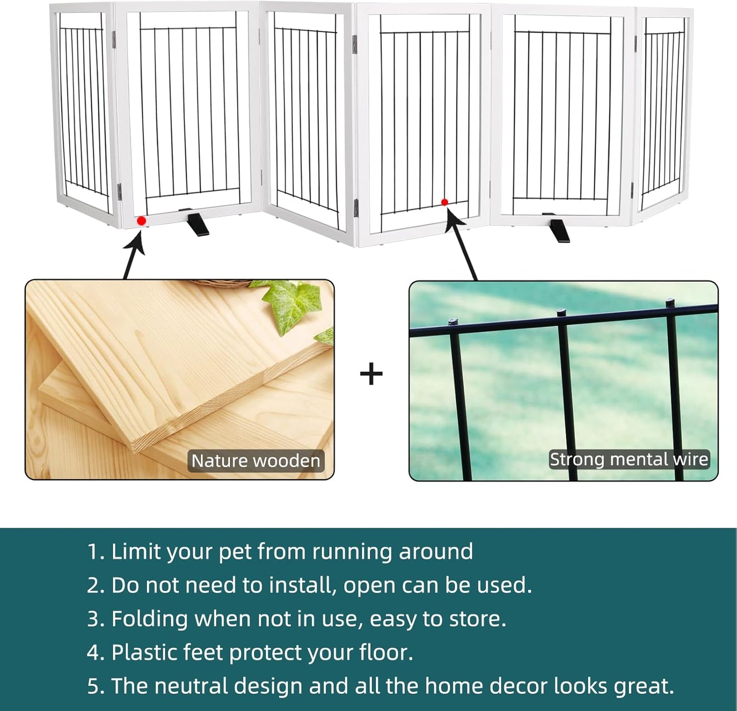 ZJSF Freestanding Dog Gate Indoor, Foldable Dog Fence for Doorways,Hallways or Stairs, Sturdy Wood Extra Wide Pet Gate with Support Feet,White,32 "Height-6 Panels