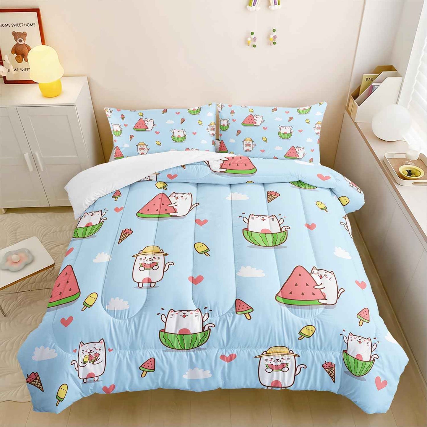 Kid Cartoon Cat Comforter 3Pcs Full Cute Kitten Ice-Cream Heart Bedding Kawaii Pet Cat Bedding Set for Teen Boy Girl Adult Cloud Watermelon Quilt Bed Decor with 1 Comforter and 2 Pillowcases