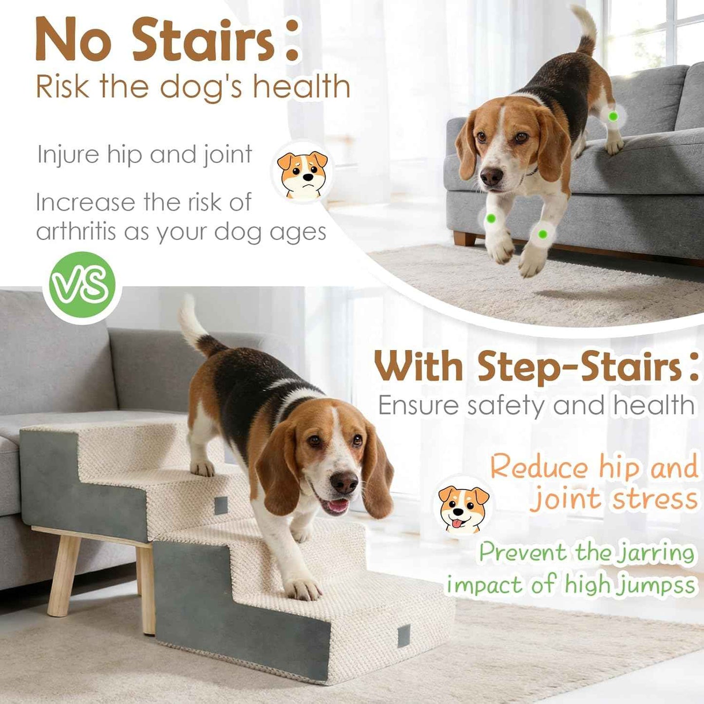 Dog Stairs for Small Dogs and Cats, 4-Step Dog Ramp for Couch and Bed, Foldable 2-in-1 Wooden Pet Steps for Puppy, Split Ottoman Design, Beige