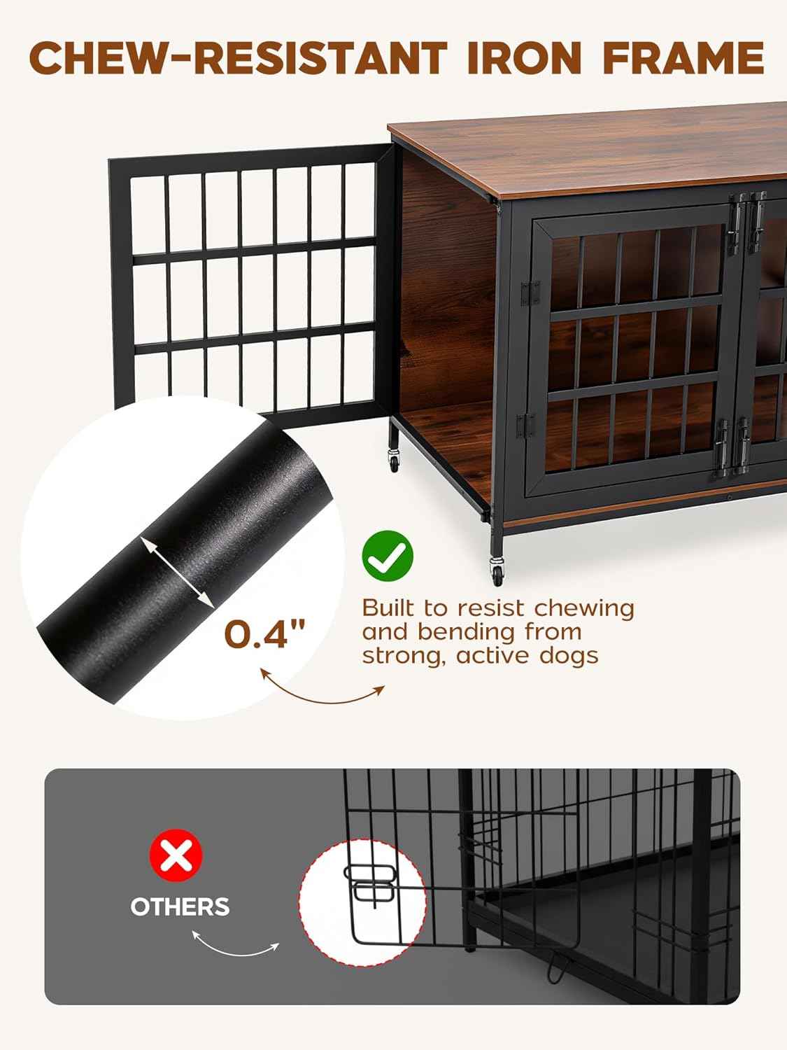 41 Inch Heavy Duty Dog Crate Furniture, Dog Kennel Furniture for Large and Medium Dogs, with Lockable Wheels & Adjustable Feet, Three-Door Metal&Wooden Cage House Furniture, Black