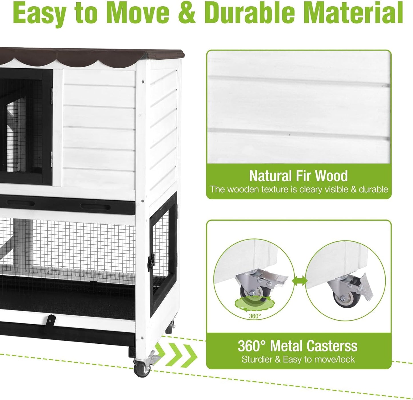 Rabbit Hutch Indoor Outdoor, 2-Story Bunny Cage with Wheels, Wooden Rabbit House with Leakproof Trays, Rain Cover, Guinea Pig Cages with Chew-Proof Ramp (White)