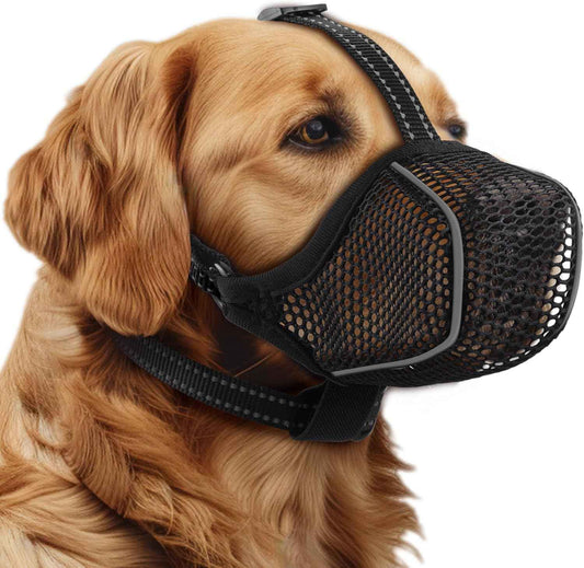 Dog Muzzle,Mesh Soft Muzzle for Small Medium Large Sized Dogs, Breathable Reflective Adjustable Puppy Muzzles with Collar for Scavenging Grooming Biting Chewing,Allows Panting and Drinking