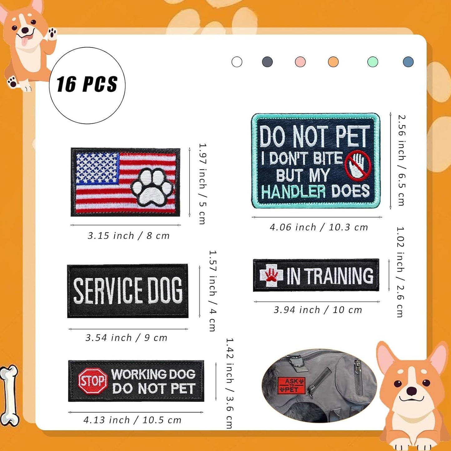 16 Pcs Dog Patches for Harness, Working Service Dog Vest Patches Tactical Canvas Removable Hook Loop Patch in Training Dog Vest