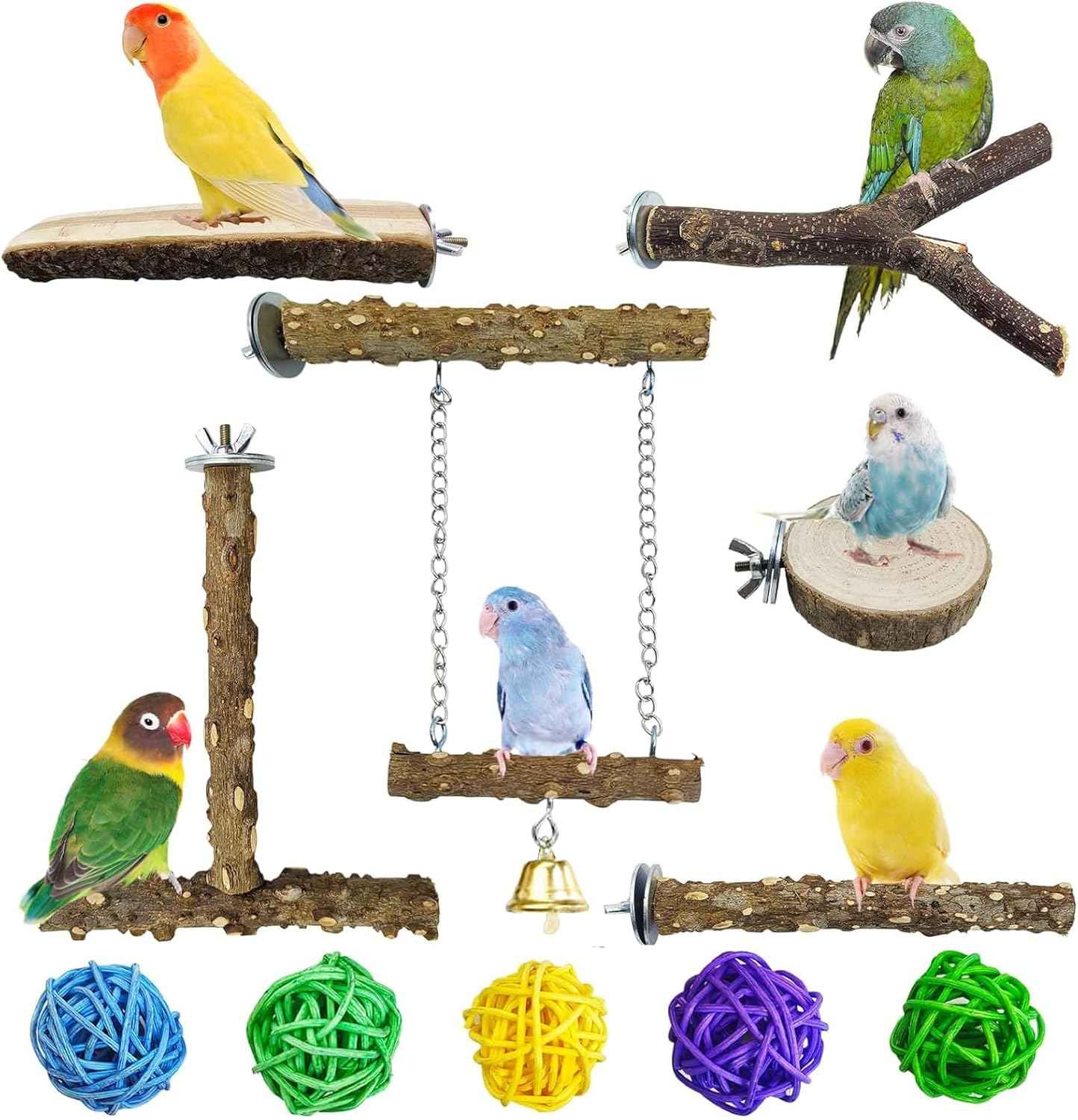 kathson Natural Bird Perches Wood Bird Flat Perch Parrot Swing Parakeet Platform Chew Toys Paw Grinding Stick Cage Accessories Exercise Toy for Cockatiels Budgies Lovebirds Conures Finches