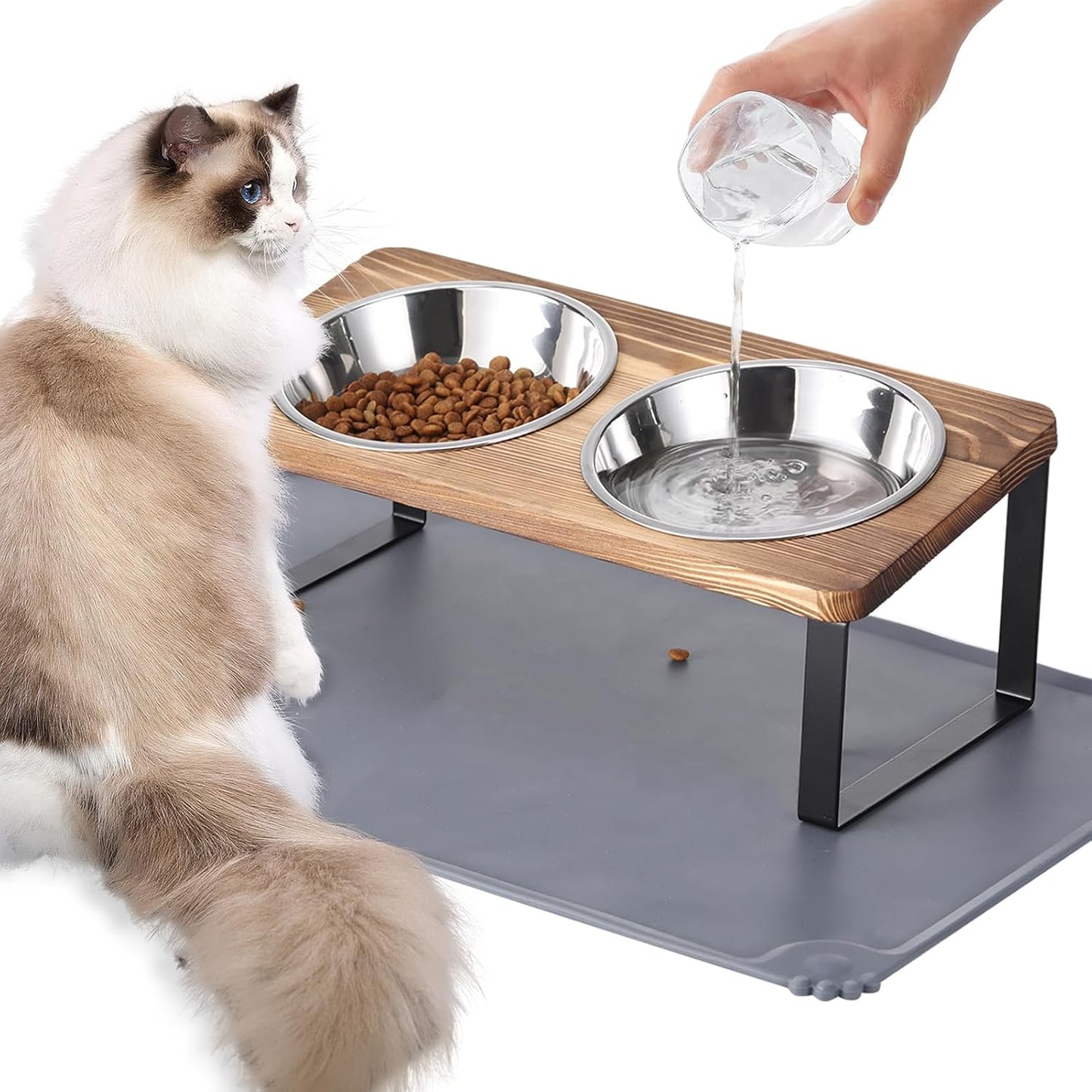 Upgraded Elevated Cat Bowls with Food Mat,15°Tilted Stand Anti Vomiting Raised Cat Dishes for Food and Water,2 Stainless Steel Bowls for Cats and Puppy（Rustic Brown）