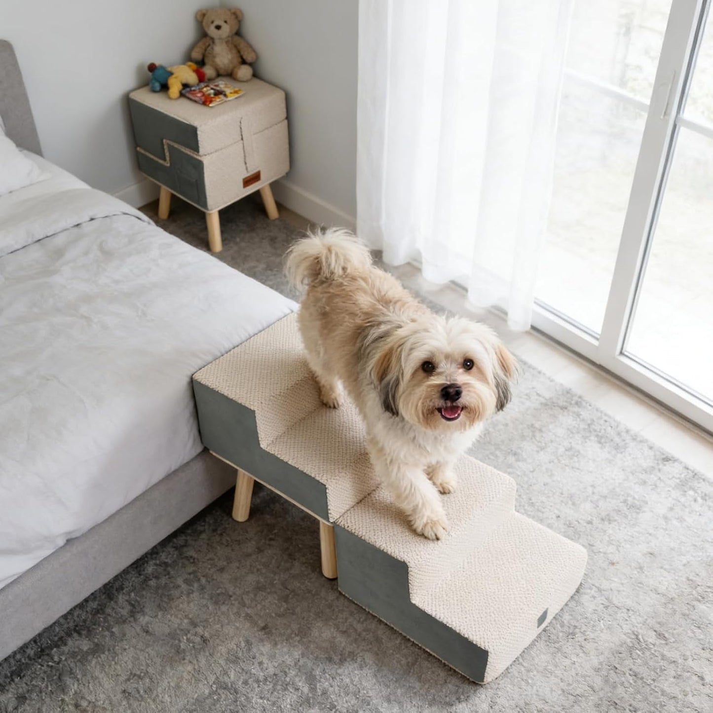 Dog Stairs for Small Dogs and Cats, 4-Step Dog Ramp for Couch and Bed, Foldable 2-in-1 Wooden Pet Steps for Puppy, Split Ottoman Design, Beige