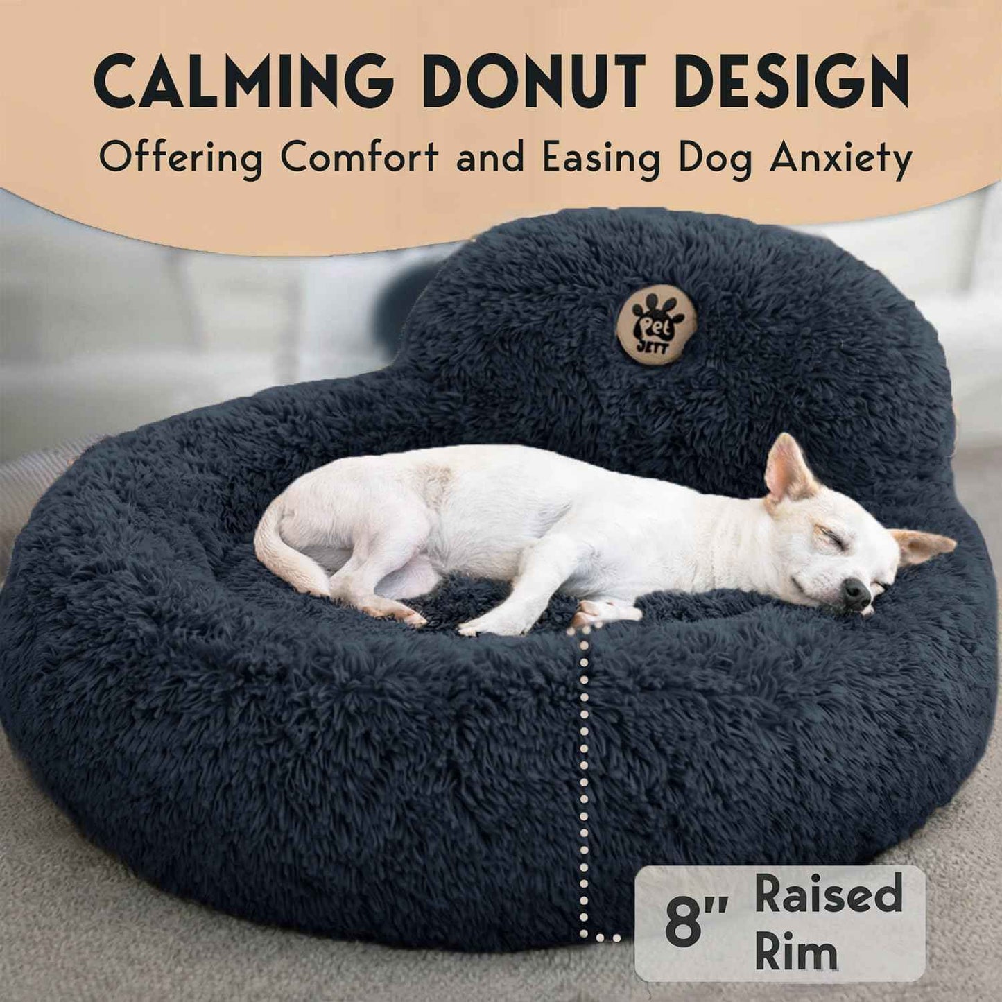 PetJett Calming Dog Bed Medium Size Dog - 30'' Donut Bed, Washable Dog Bed, Anti-Slip & Super Soft Fluffy Plush Round Dog Bed, Anti-Anxiety Premium Comfort Pet Bed, Fits Dogs Upto 45 lbs - Dark Grey