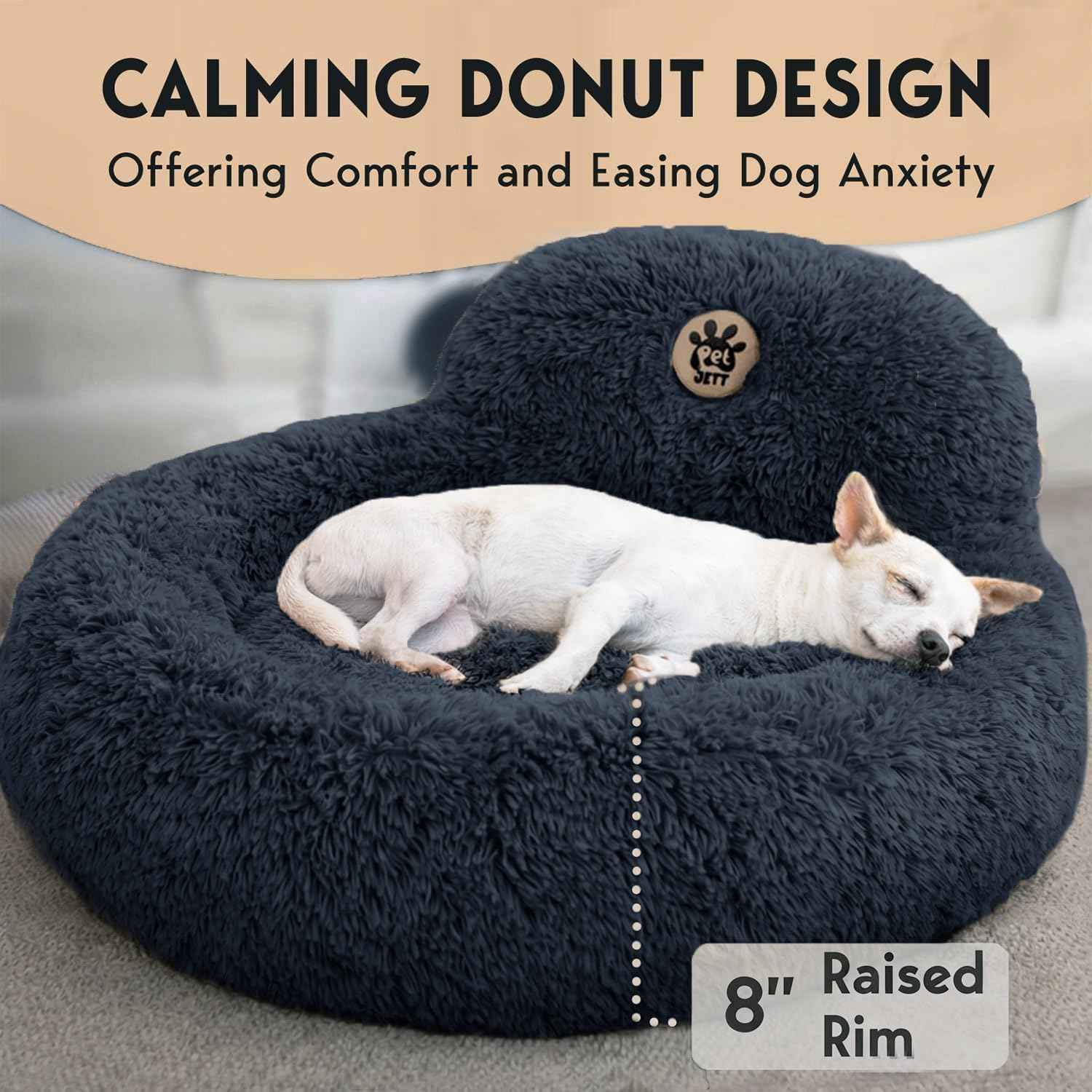 PetJett Calming Dog Bed Medium Size Dog - 30'' Donut Bed, Washable Dog Bed, Anti-Slip & Super Soft Fluffy Plush Round Dog Bed, Anti-Anxiety Premium Comfort Pet Bed, Fits Dogs Upto 45 lbs - Dark Grey