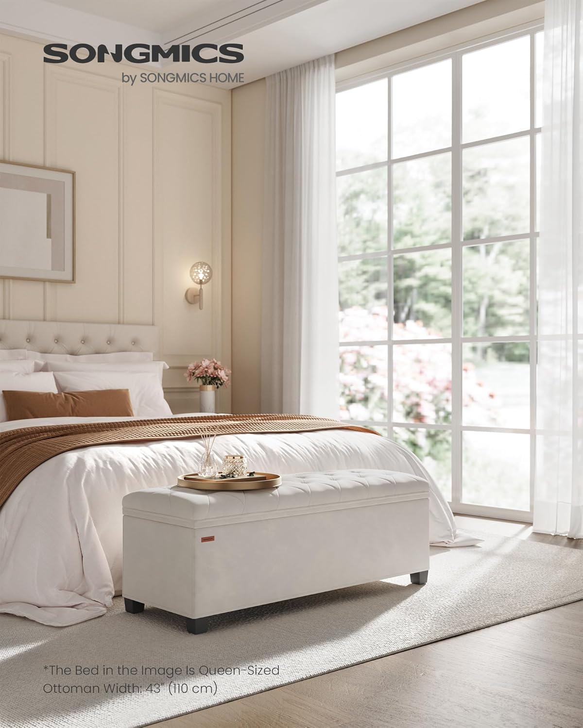SONGMICS Velvet Storage Ottoman Bench, Foot Rest with Legs, 15.7 x 43 x 15.7 Inches, End of Bed Bench, Storage Chest, Load up to 660 lb, for Living Room, Bedroom, Entryway, Cream White ULSF089W01