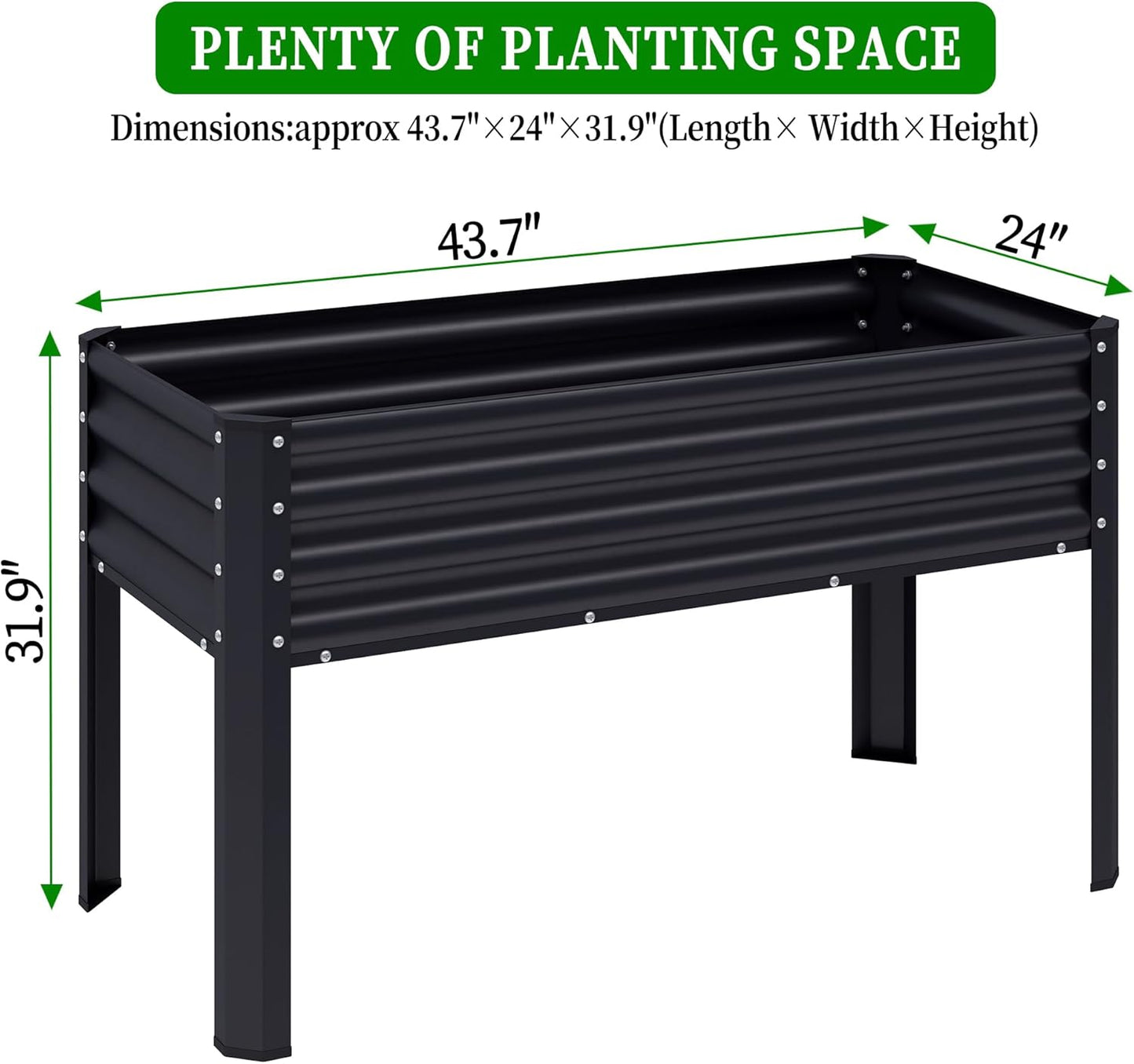 Galvanized Raised Garden Bed with Legs, 43×24×32in Large Metal Elevated Raised Planter Box with Drainage Holes for Backyard, Patio, Balcony, 400lb Capacity,Black