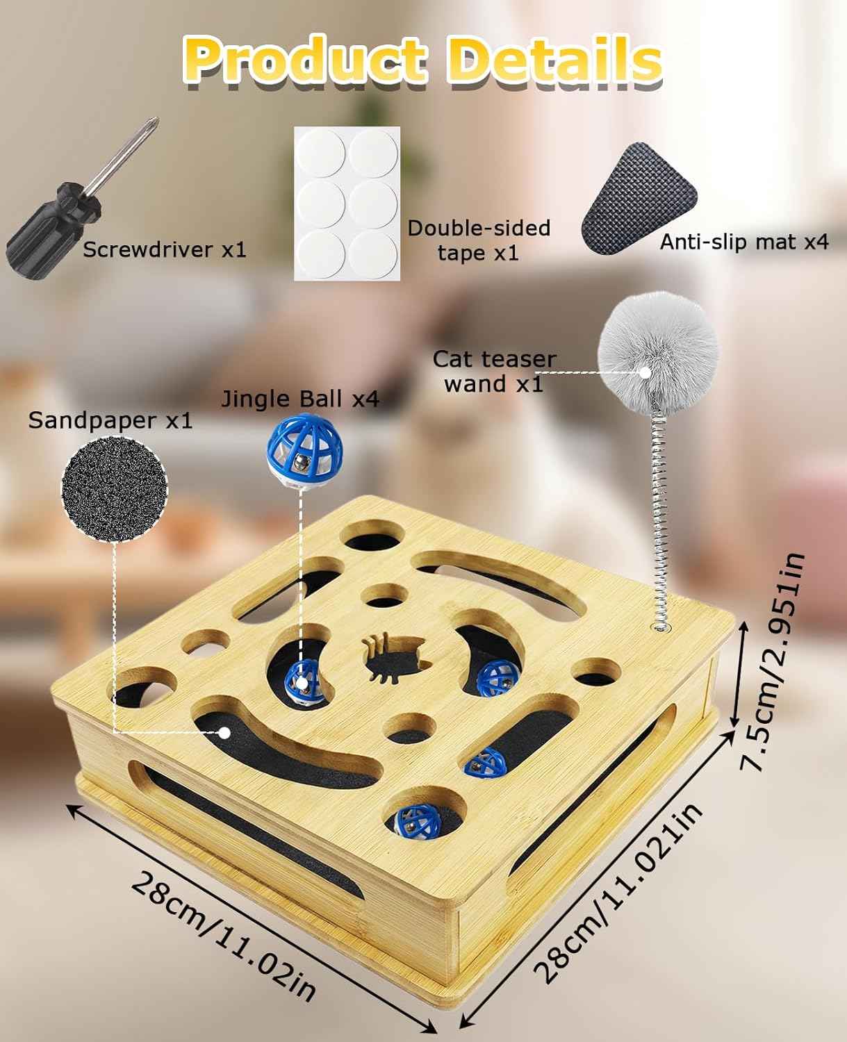 Cat Nail File Scratcher Enrichment Box, Thickened Bamboo Wooden Claw Saver Box for Cats, Scratch Puzzle Box with Sandpaper Inside