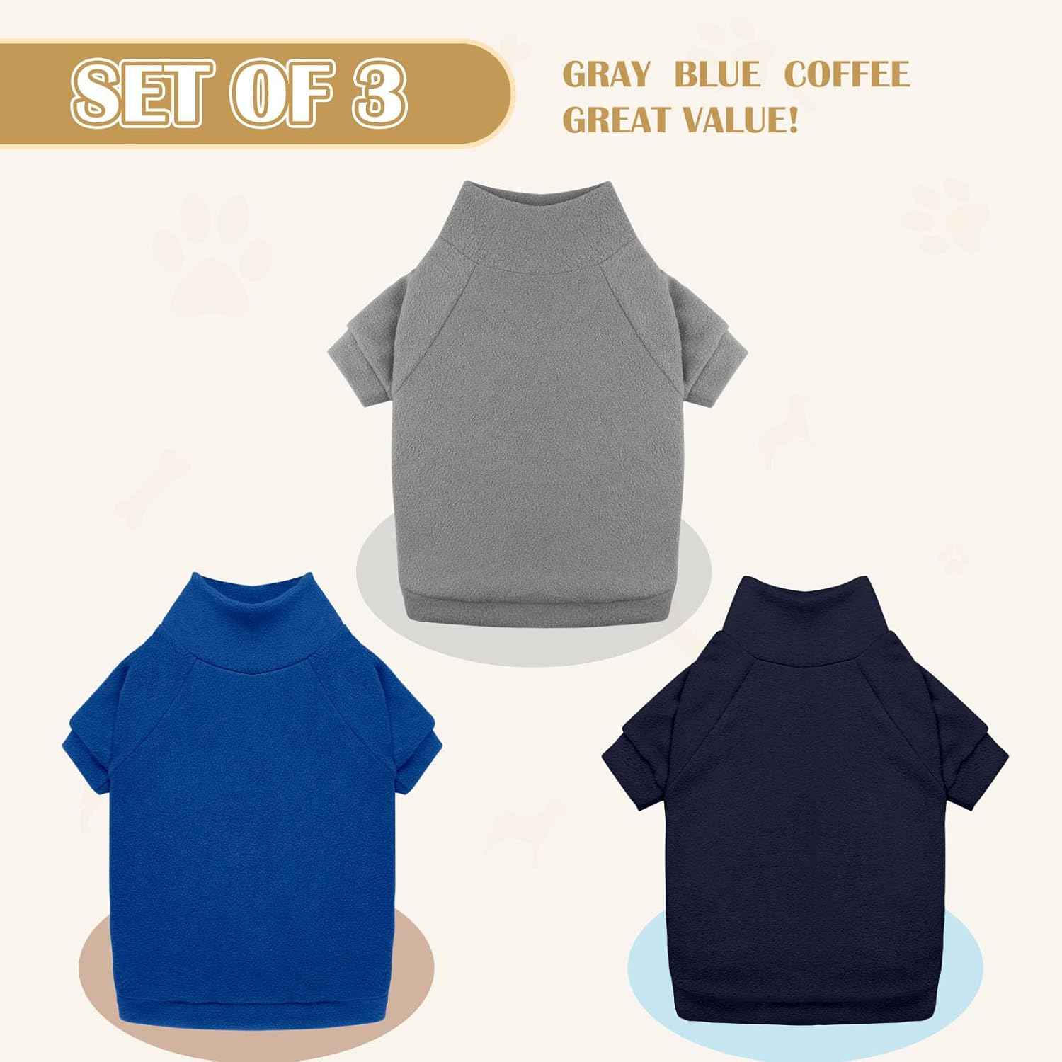 3 Pack Dog Sweaters for Small Dogs, Fleece Dog Sweater Pet Clothes Turtleneck Soft Warm Sweatshirt Puppy Sweater Boy Girl Pet(Gray+Royal Blue+Navy,S)