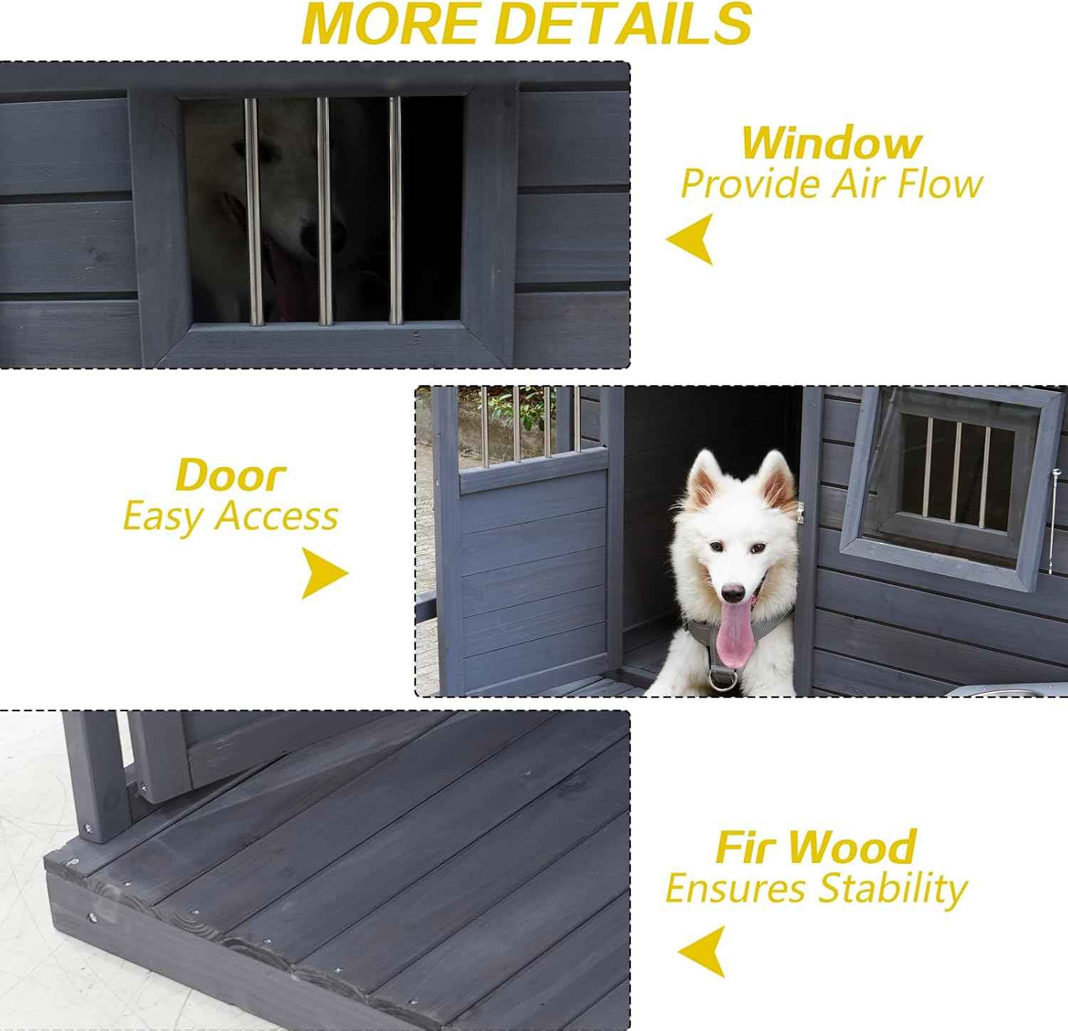 Large Outdoor Dog House, 44.2 x 44.6 x 44.6 inches, Weatherproof Wood Construction with Asphalt Roof, Covered Terrace, Gray(00004)