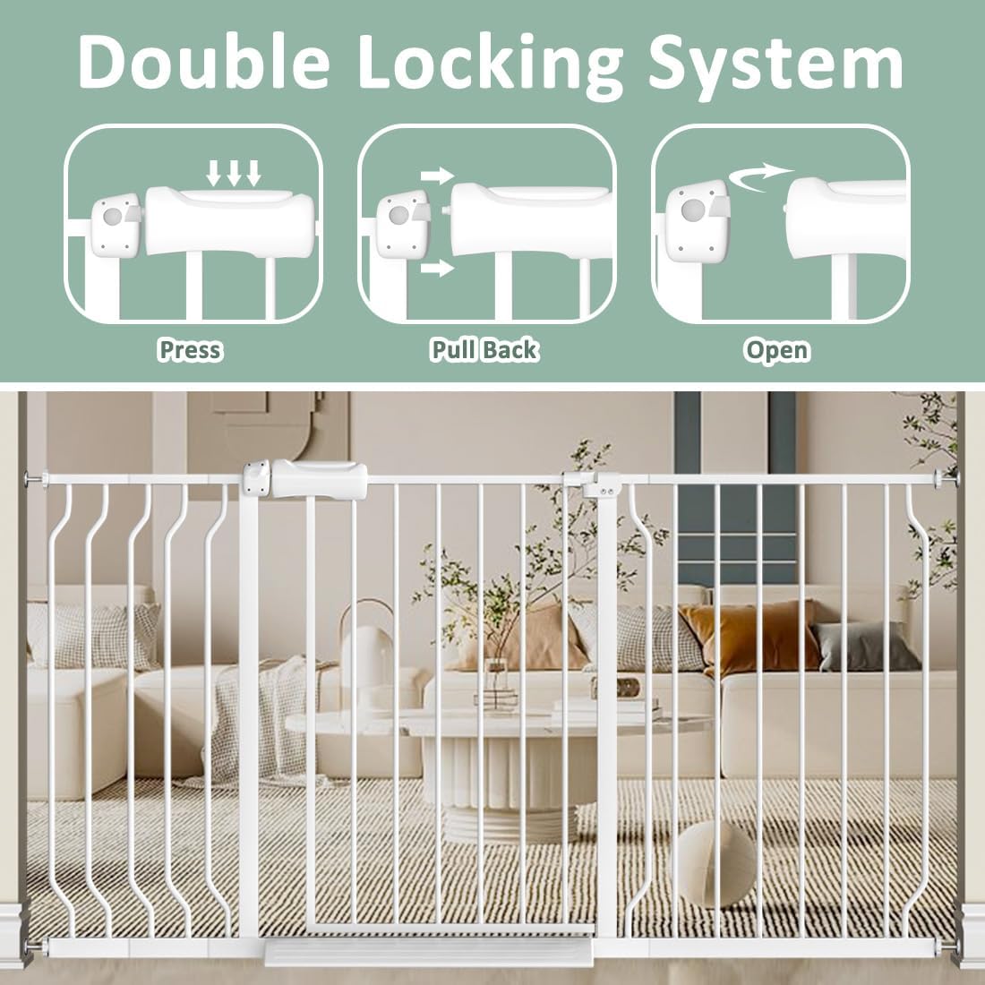 TSAYAWA Extra Wide Baby Gate with Door,38.5-43.3 Inch Walk Through Large Long Child Gates for Stair Doorway - Indoor TSAYAWA Outdoor Safty Gate for Toddler Pet Dog Doggie White