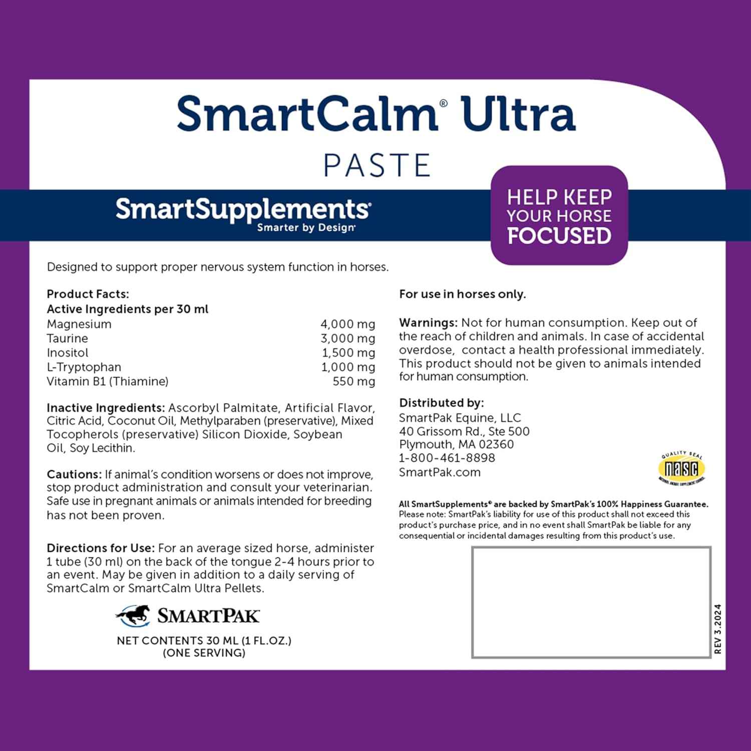 SmartCalm Ultra Paste Calming Horse Supplements | No Added Herbs or Sugar | Equine Supplement | Helpful with Skittish Horses | Pack of 6 Tubes