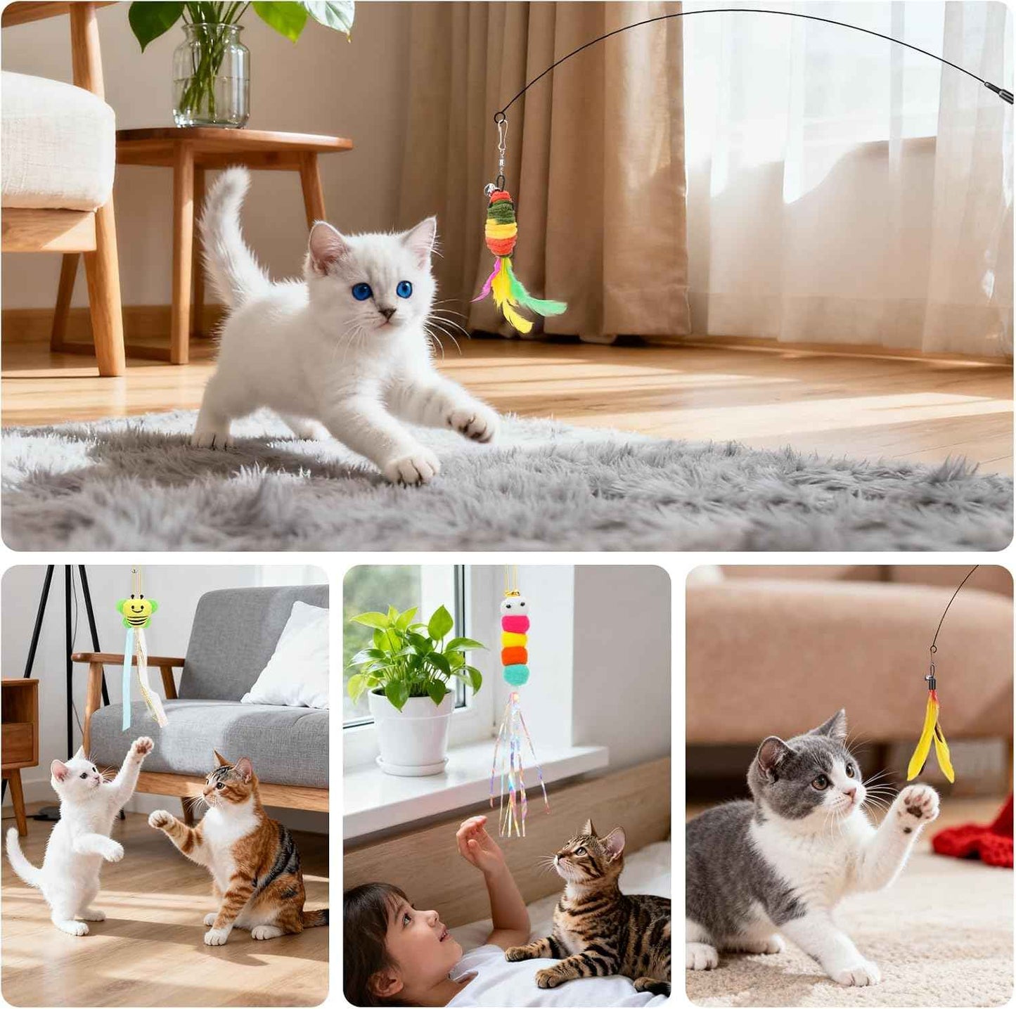 Atosun Interactive Cat Toys, 15PCS Cat Wand and Feather Toys for Indoor Cats, Reusable Suction Cup Toys for Kittens Play Exercise