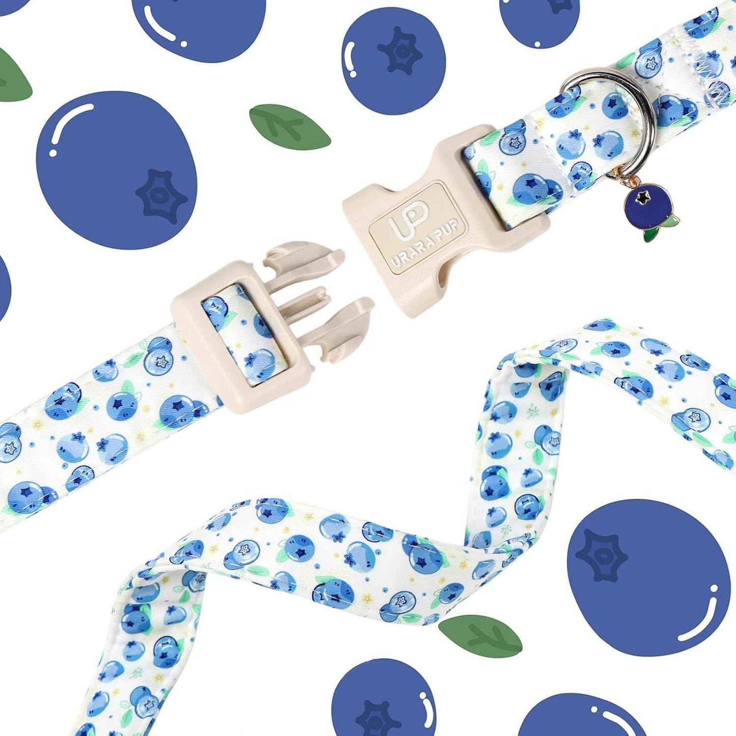 Blueberry Dog Collar, Summer Spring Cotton Dog Collar, Cute Fruit Pattern Adjustable Light Blue Pet Collar, Lightweight Durable Quick Release Buckle with Charm for Male Female Dogs