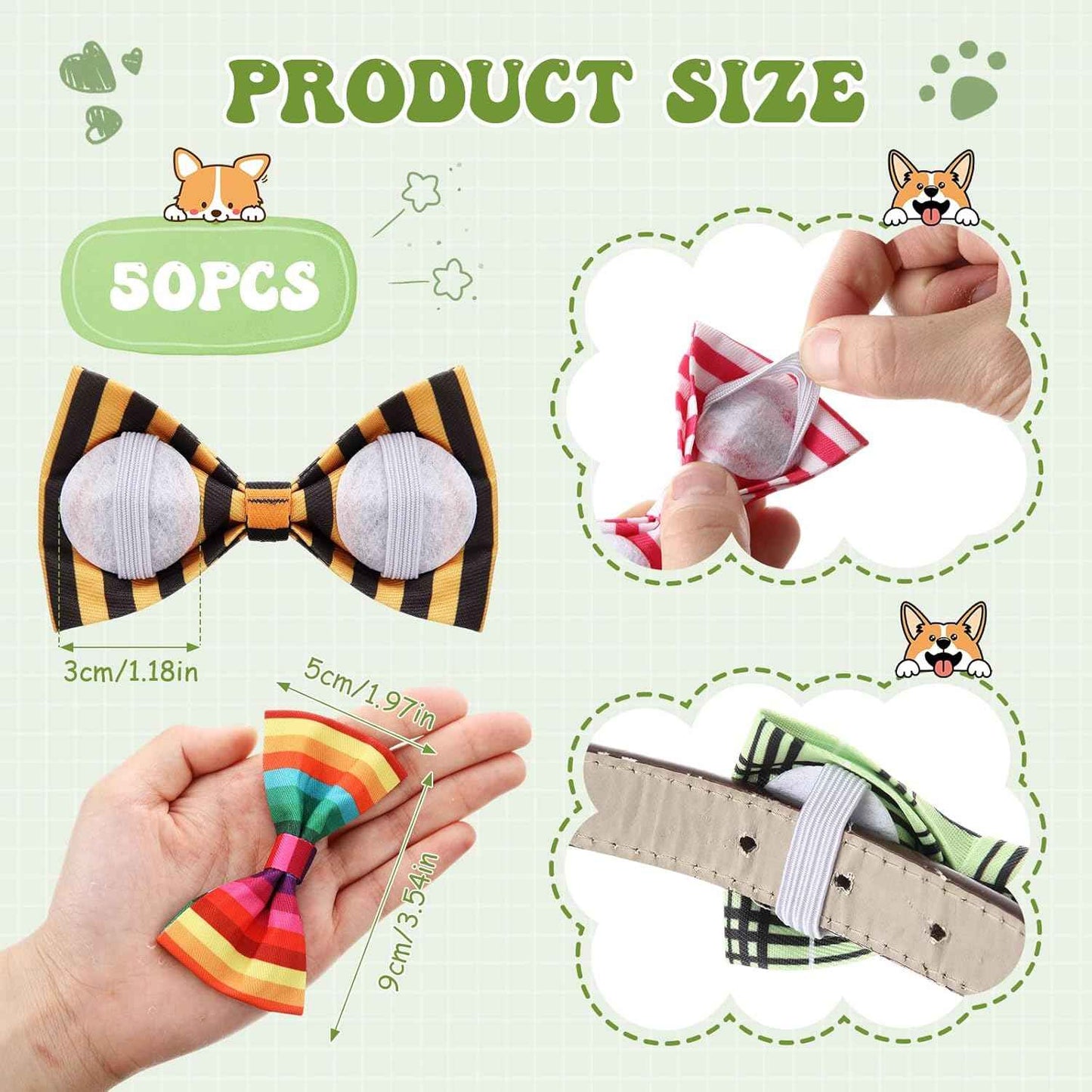 Reginary 50 Pieces Dog Bow Ties Pet Collar Bow Puppy Collar Attachment with Rubber Bands for Small Medium Cat Pet Grooming Charms Accessories Wedding Birthday Occasion(Stripe Style)