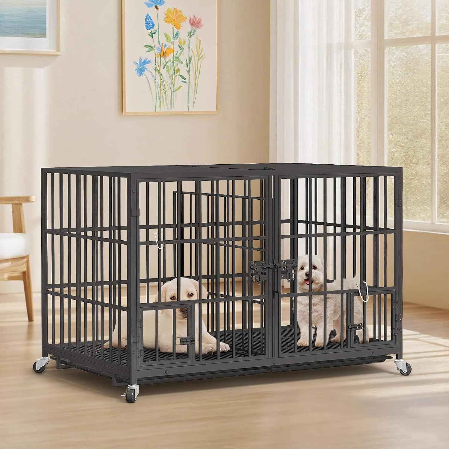 EZ4ENCE 48/42/54 inch Dog Crate Cage Kennel with Divider for 2 Dogs, Indestructible Dog Crate, Sturdy Design,Double Door and Removable Tray Medium/Large Dog Cage