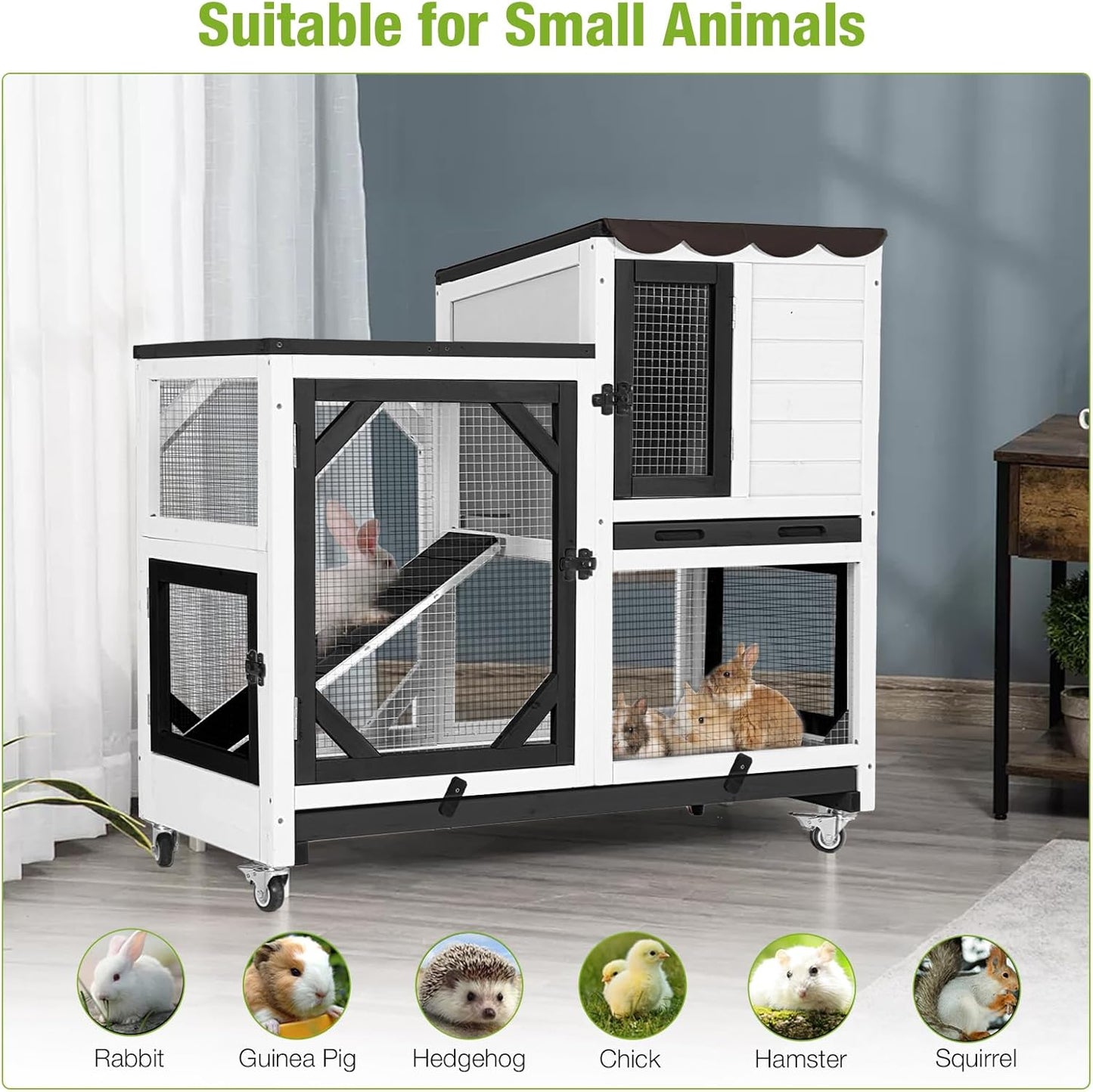 Rabbit Hutch Indoor Outdoor, 2-Story Bunny Cage with Wheels, Wooden Rabbit House with Leakproof Trays, Rain Cover, Guinea Pig Cages with Chew-Proof Ramp (White)