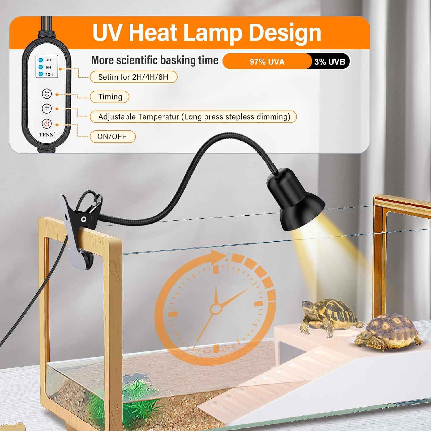 TFNN Reptile Heat Lamp, Heat Lamp with Clamp, UVA UVB Reptile Light with Intelligent Cycle Timer for Turtle, Bearded Dragon, Lizard and More, 2 Bulbs 50W+75W