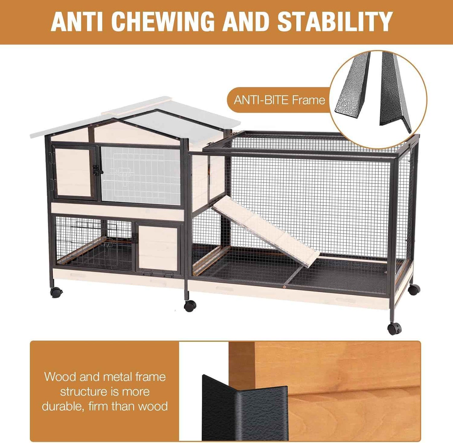 Rabbit Hutch Bunny Cage Indoor, Rabbit Cages on Wheel Guinea Pig Cage with 3 Trays- Upgraded Metal Frame