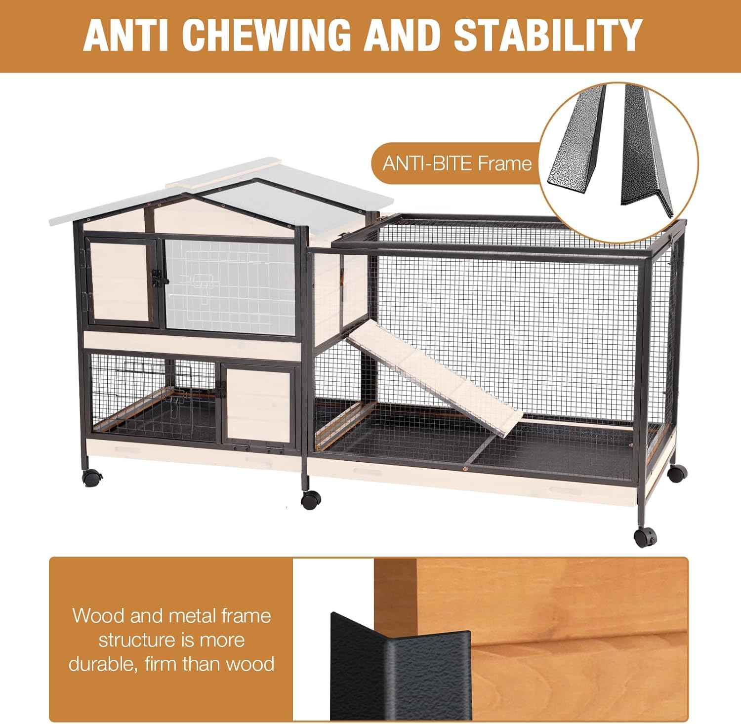 Rabbit Hutch Bunny Cage Indoor, Rabbit Cages on Wheel Guinea Pig Cage with 3 Trays- Upgraded Metal Frame