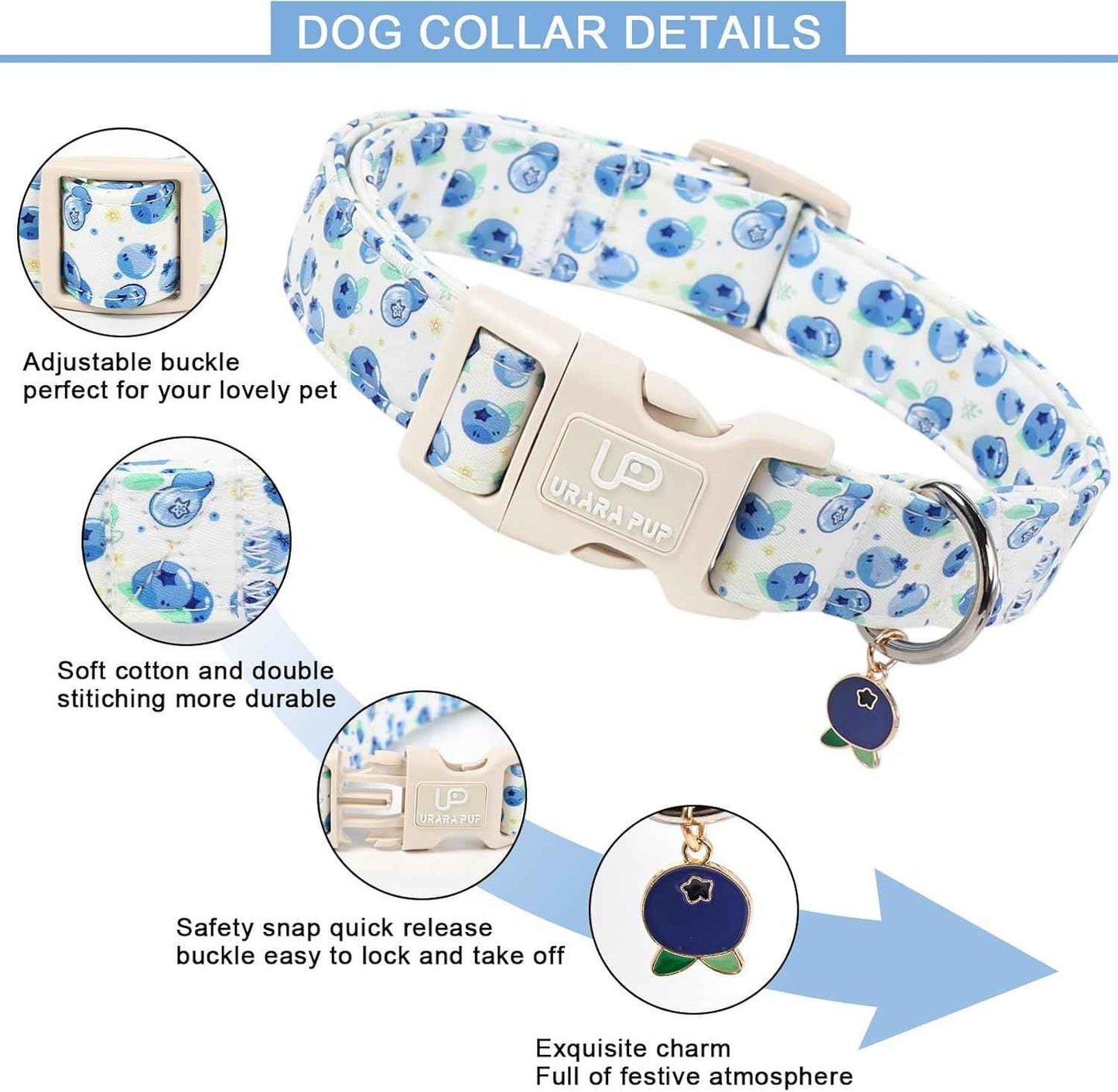 Blueberry Dog Collar, Summer Spring Cotton Dog Collar, Cute Fruit Pattern Adjustable Light Blue Pet Collar, Lightweight Durable Quick Release Buckle with Charm for Male Female Dogs