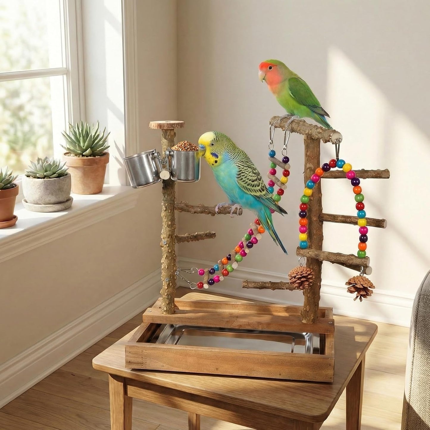Wooden Bird Play Stand Parrots Playground Perch Stand with Bird Ladder Chewing Toys and 2 Stainless Steel Cups (Brown)