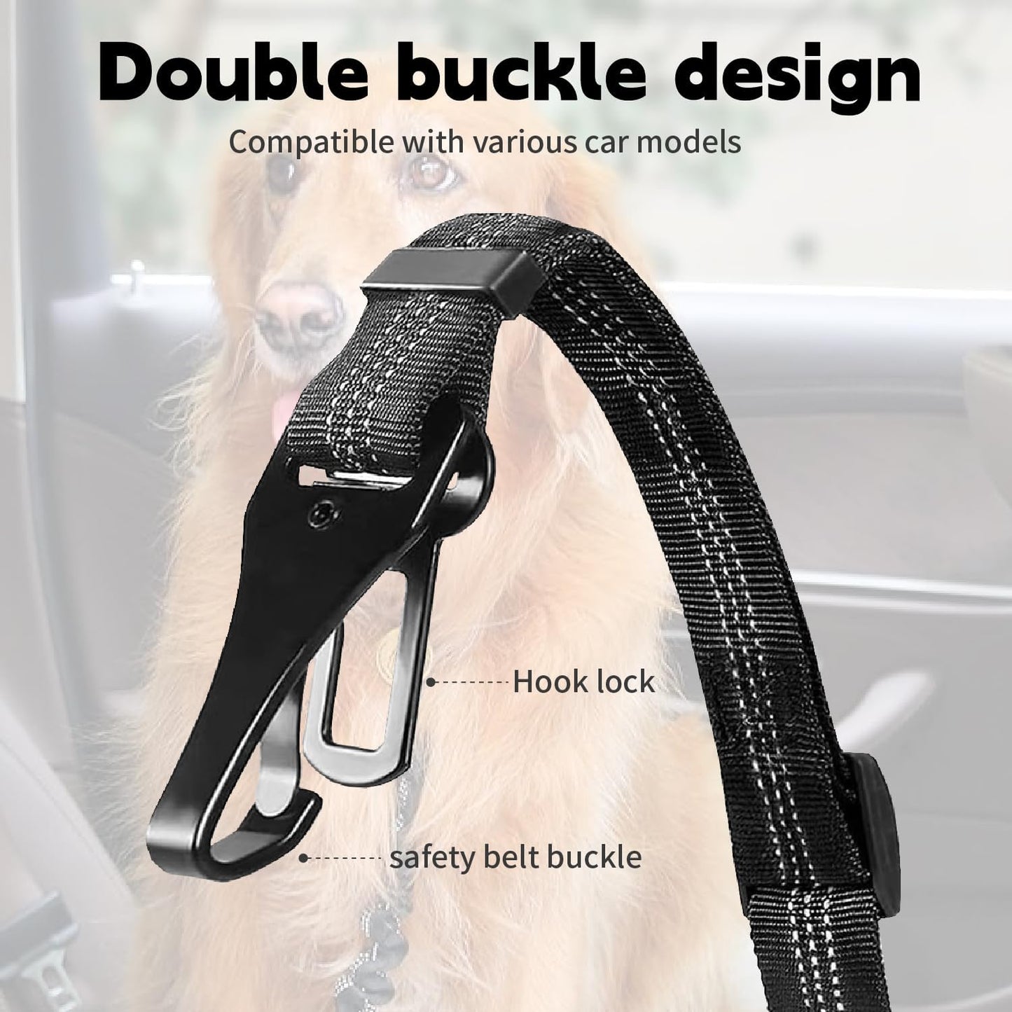 Dog seat Belt for car,2Pack 3-in-1 car Harness for Dogs Safety seat Belt Bungee,Dogs Seats Belt stether with Buckle&Hook Latch,Adjustable Reflective Dog seat Belts with 360° Lockable Buckle(Black)