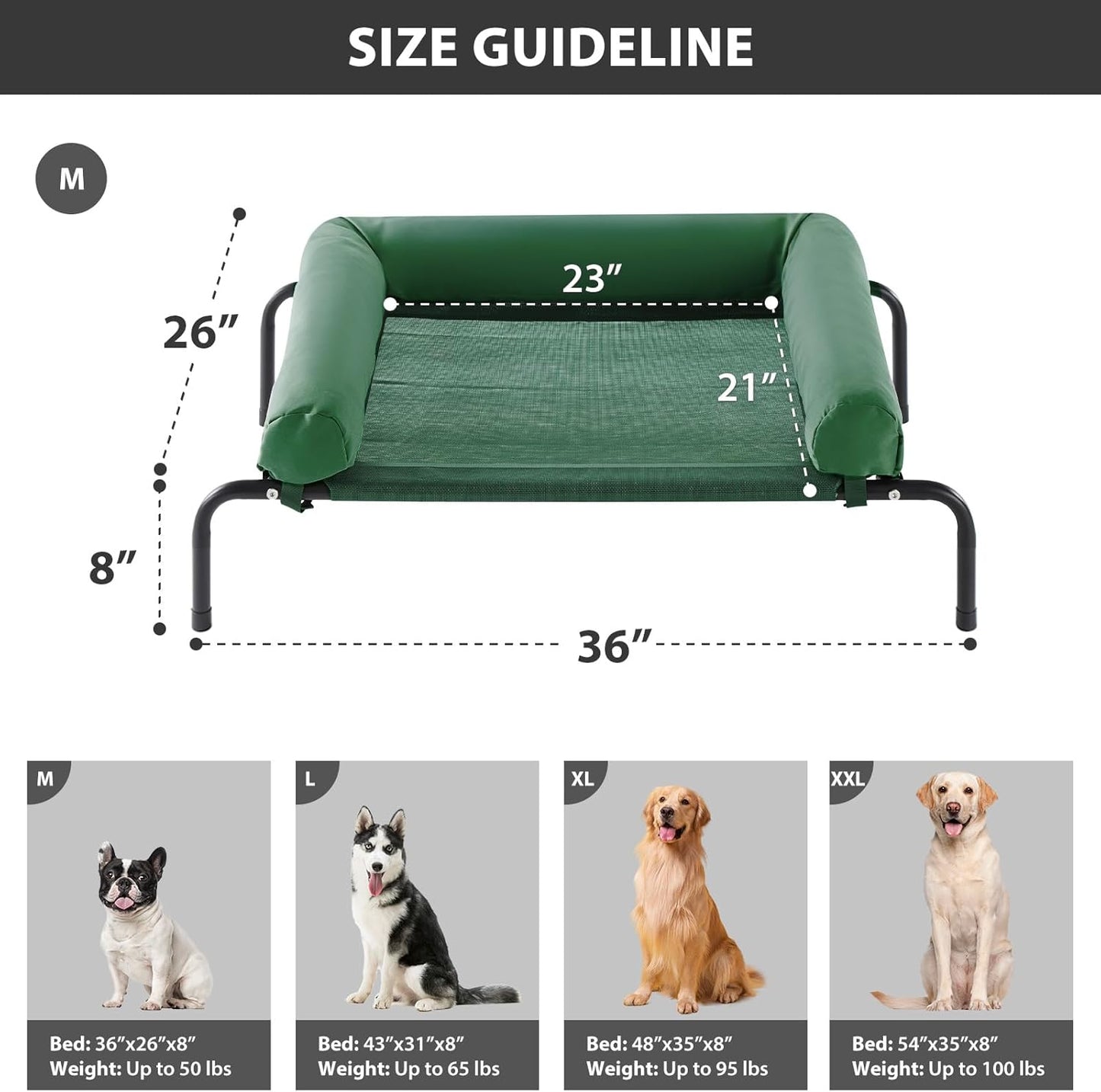 RRPETHOME Large Elevated Cooling Dog Bed, Raised Dog Cot Beds for Large Dogs, Elevated Outdoor Pet Cot, Chew Proof Portable Cooling Pet Cot with Skid-Resistant Feet and Breathable Mesh