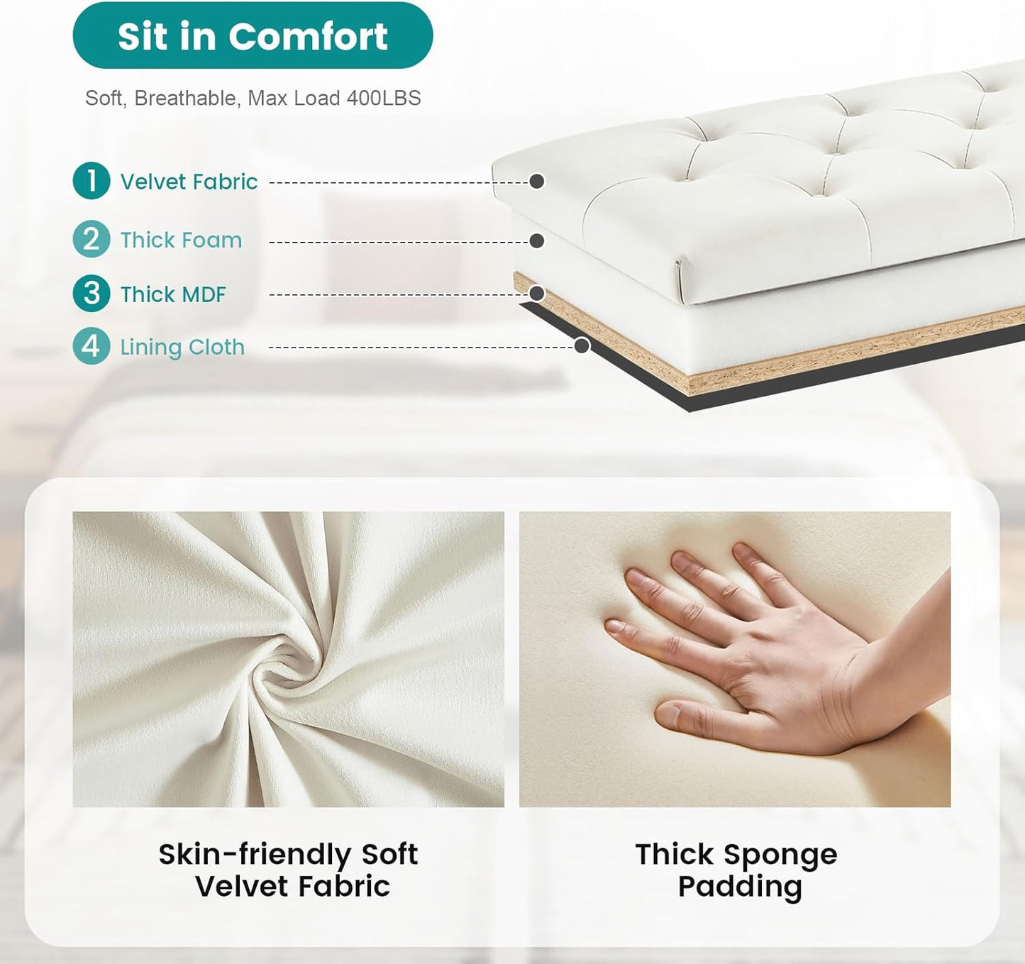 Velvet Storage Ottoman Bench for Bedroom, End of Bed Bench with Button, Side Storage Pockets, Organizer Storage Chest, Upholstered Foot Rest, Load up to 400 lb, for Living Room, Entryway, Beige