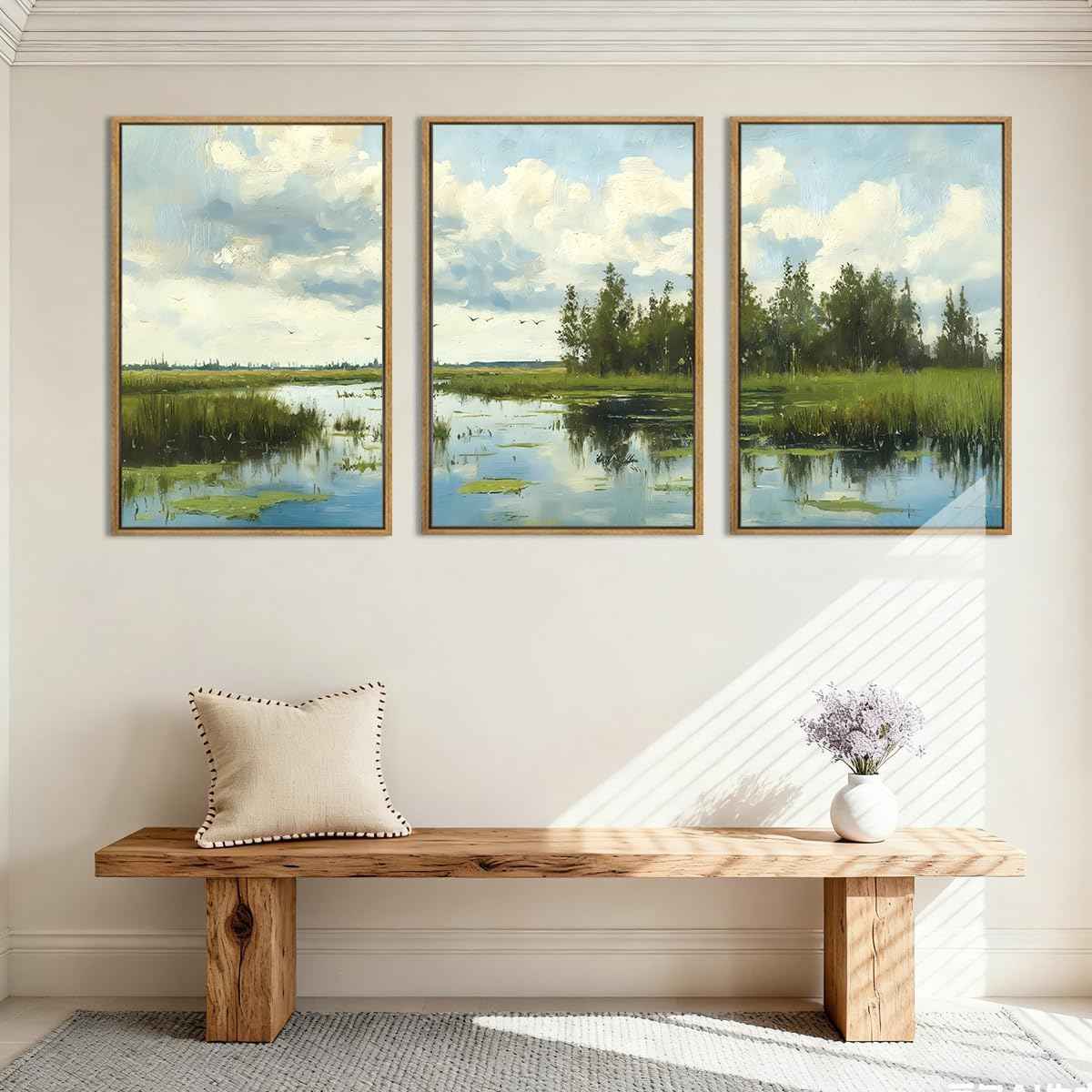 BINCUE Framed Green Nature Wall Art Lake Scenery Wall Decor Landscape Art Print for Living Room Bedroom Office 16 x24 Inches Set of 3