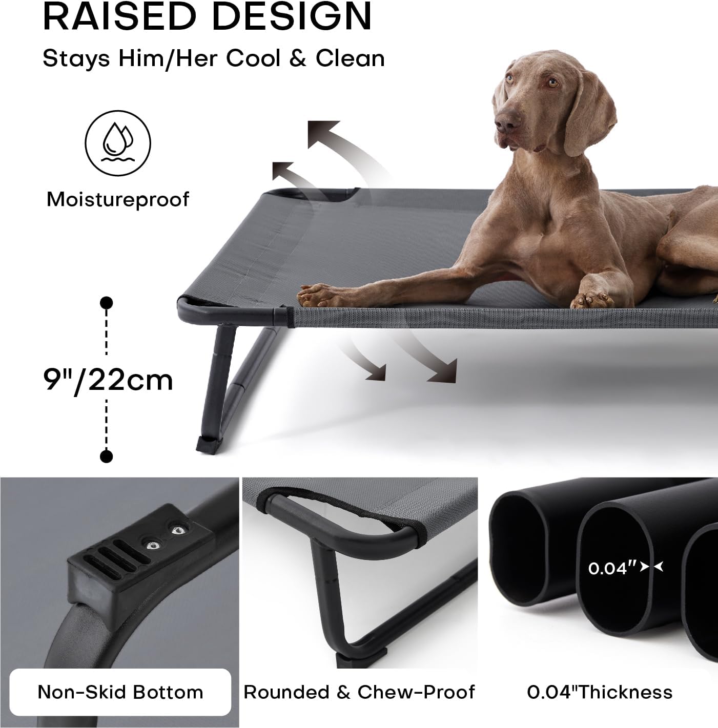 Made4Pets Raised Dog Bed for XXL Dogs - Outdoor Elevated Pet Cot with Snap-in Legs, Washable Mesh, Non-Slip Feet, Durable & Chew-Resistant Hammock Bed, Indoor & Outdoor Use, 54"x37", Gray