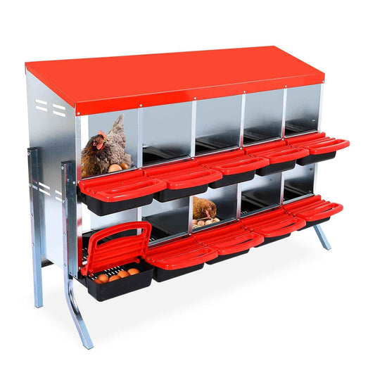 Garvee Chicken Nesting Boxes, 10 Hole Metal Chicken Laying Box with Removable Trays and Roll Out Egg Collection for Chicken Coop, with Metal Legs, Red