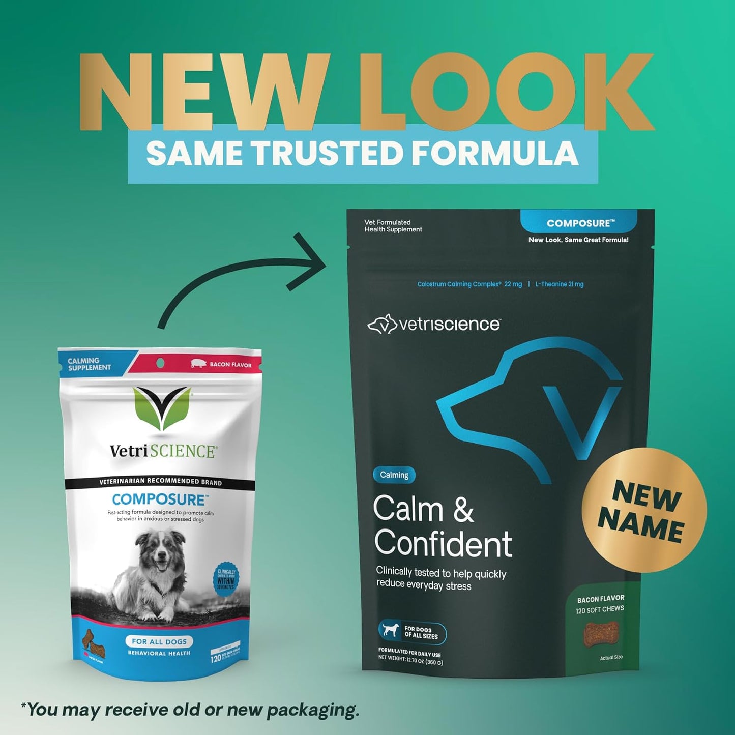 VetriScience Calm & Confident Calming Chews for Dogs, Supplement for Stress Support, Thunderstorms, Fireworks, & Travel, Bacon, Soft Chews, 120 Count - New Look
