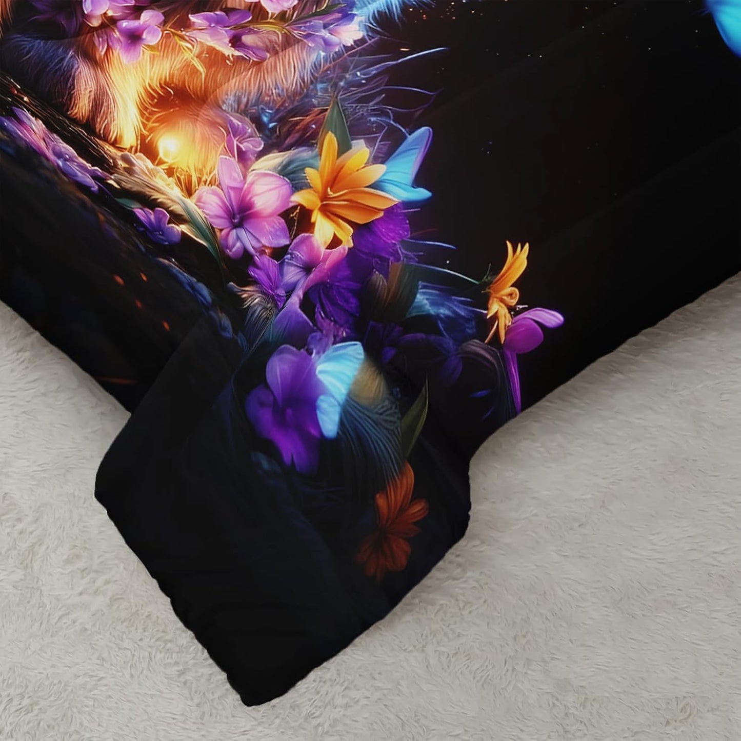 Blue Cat Themed Comforter 3Pcs Twin Mysterious Animal Pet Cat Kitten Butterfly Bedding Set for Kid Teen Girl Boy Adult Dreamy Aesthetics Floral Quilt Bed Decor with 1 Comforter & 2 Pillowcases