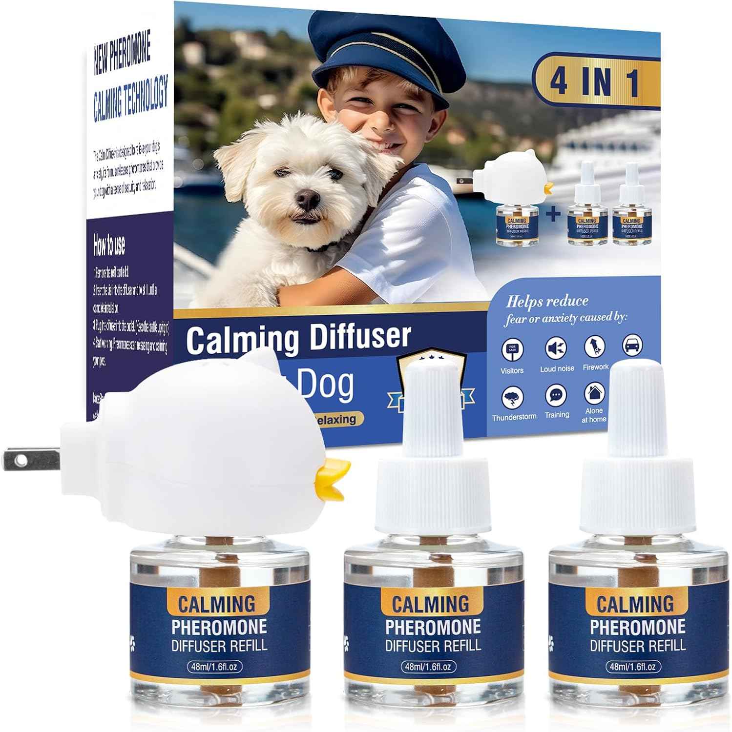Calming Diffuser 4 in 1 Dog Pheromone Appeasing Pet Pheromones Diffuser to Calm Kit (Plug in+ 3 Pack 48ml Refill) for Anxiety Relief Reduce Barking Aggression Fighting Stress