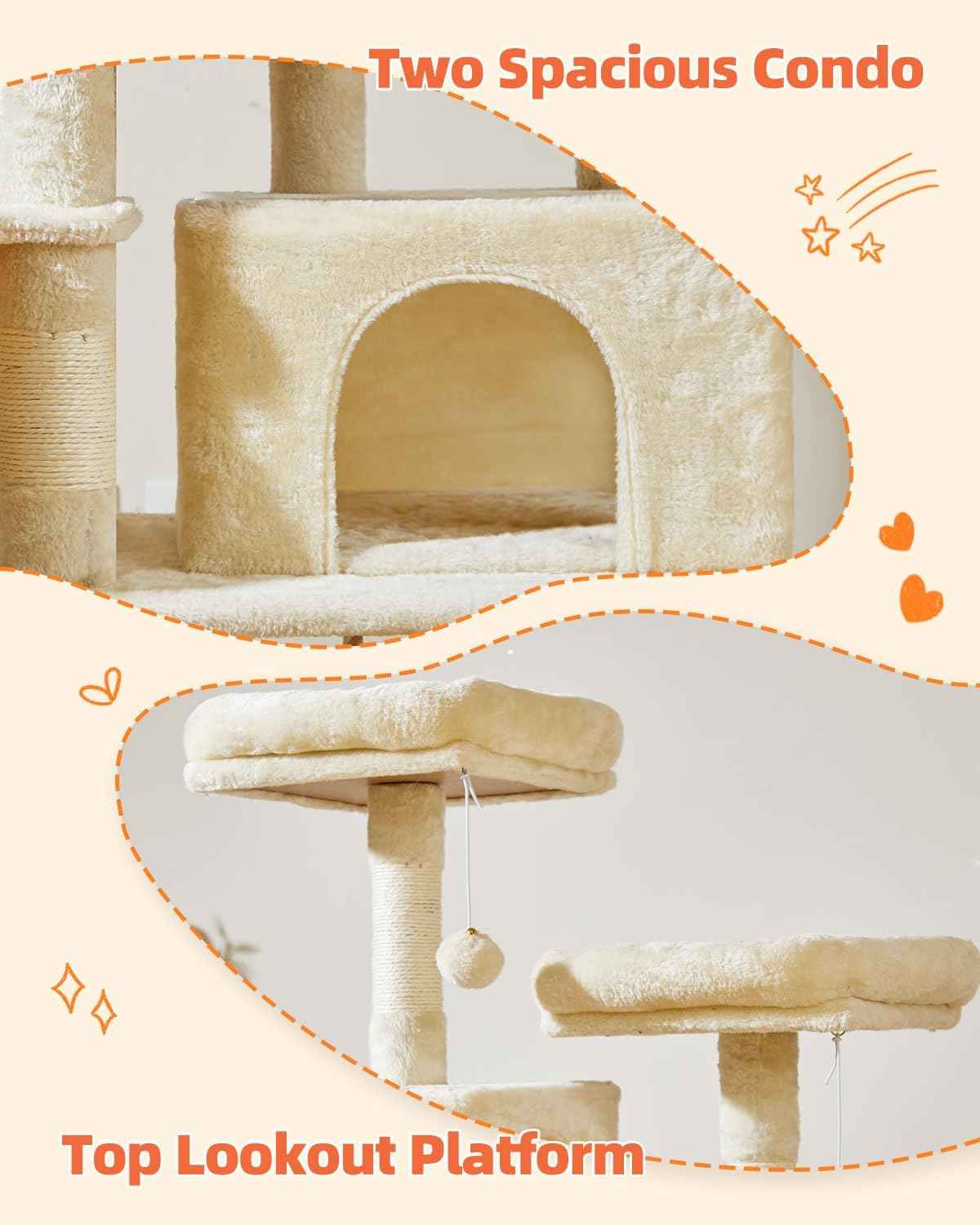 Taoqimiao Cat Tree, 66.2-Inch Cat Tower for Indoor Cats, Plush Multi-Level Cat Condo with 7 Scratching Posts, 2 Perches, 2 Caves, Hammock, 2 Pompoms, Beige MS013M