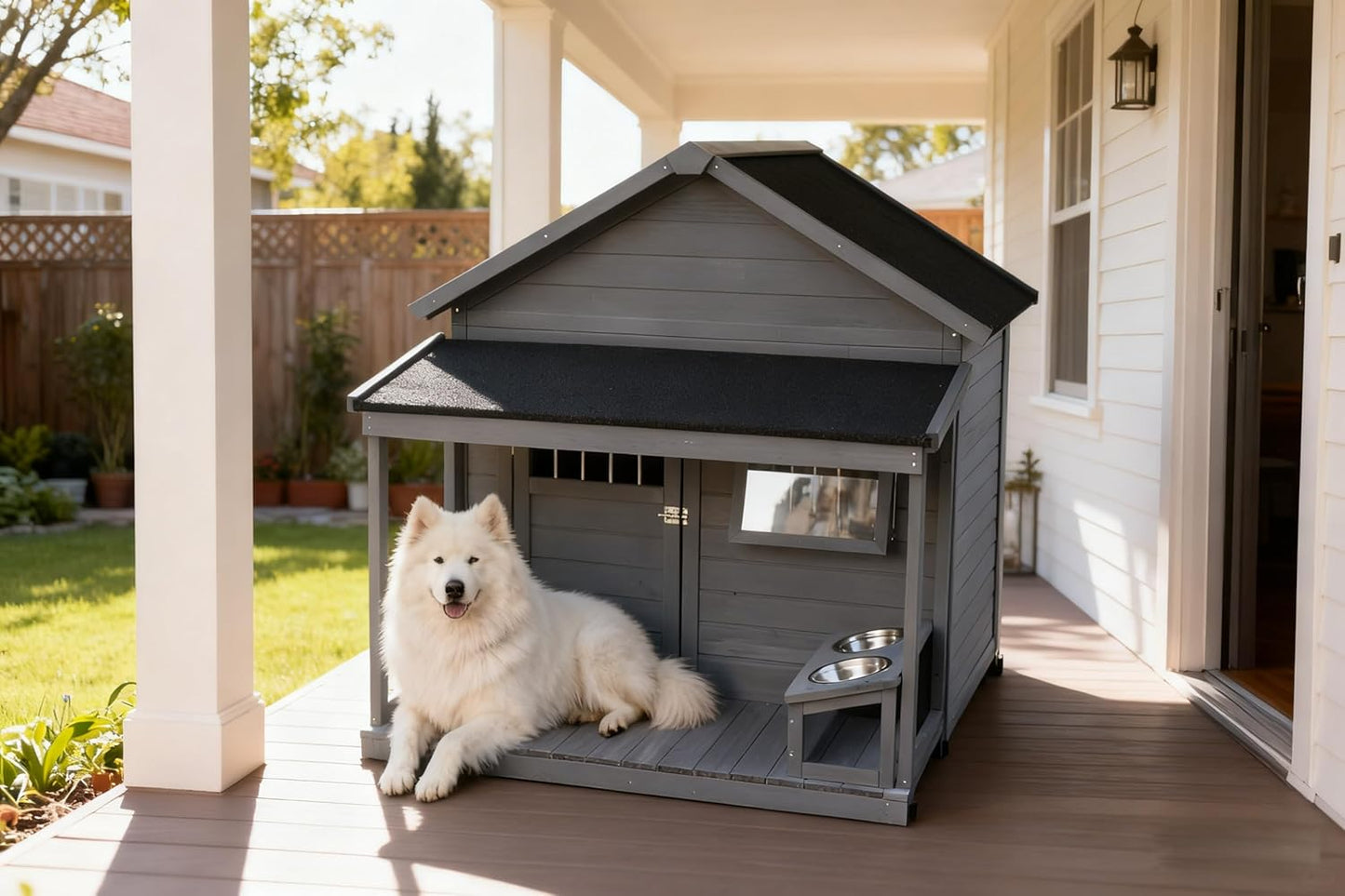 Large Outdoor Dog House, 44.2 x 44.6 x 44.6 inches, Weatherproof Wood Construction with Asphalt Roof, Covered Terrace, Gray(00004)