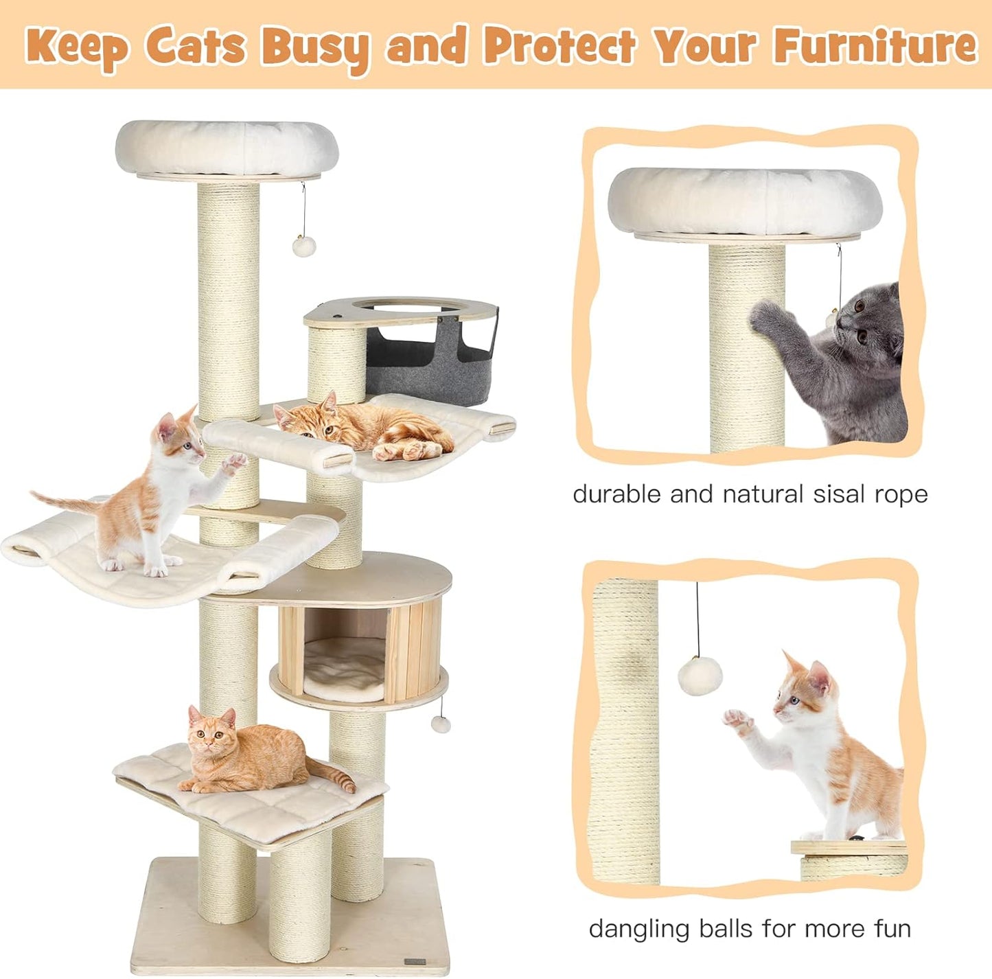 PETSITE 77.5" Tall Cat Tree, Multi-Level Modern Cat Tower with Sisal Scratching Posts, Top Perch, Cat Condo, Hammocks, Hanging Basket, and Jingling Balls, Cat Tree Tower for Indoor Cats Large Adult