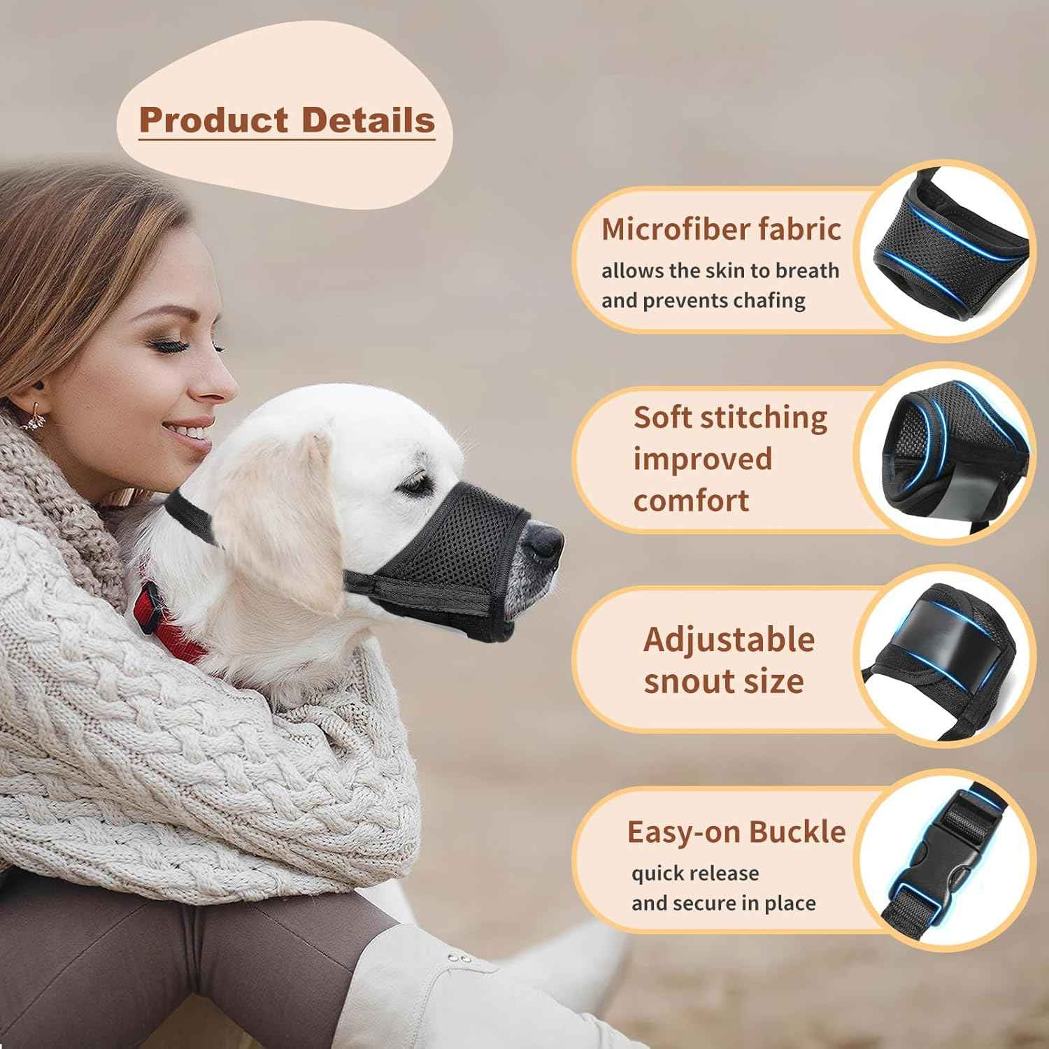 HEELE Dog Muzzle,Soft Nylon Muzzle Anti Biting Barking Chewing,Air Mesh Breathable Drinkable Adjustable Loop Pets Muzzle for Small Medium Large Dogs 4 Colors 4 Sizes (Black, M)