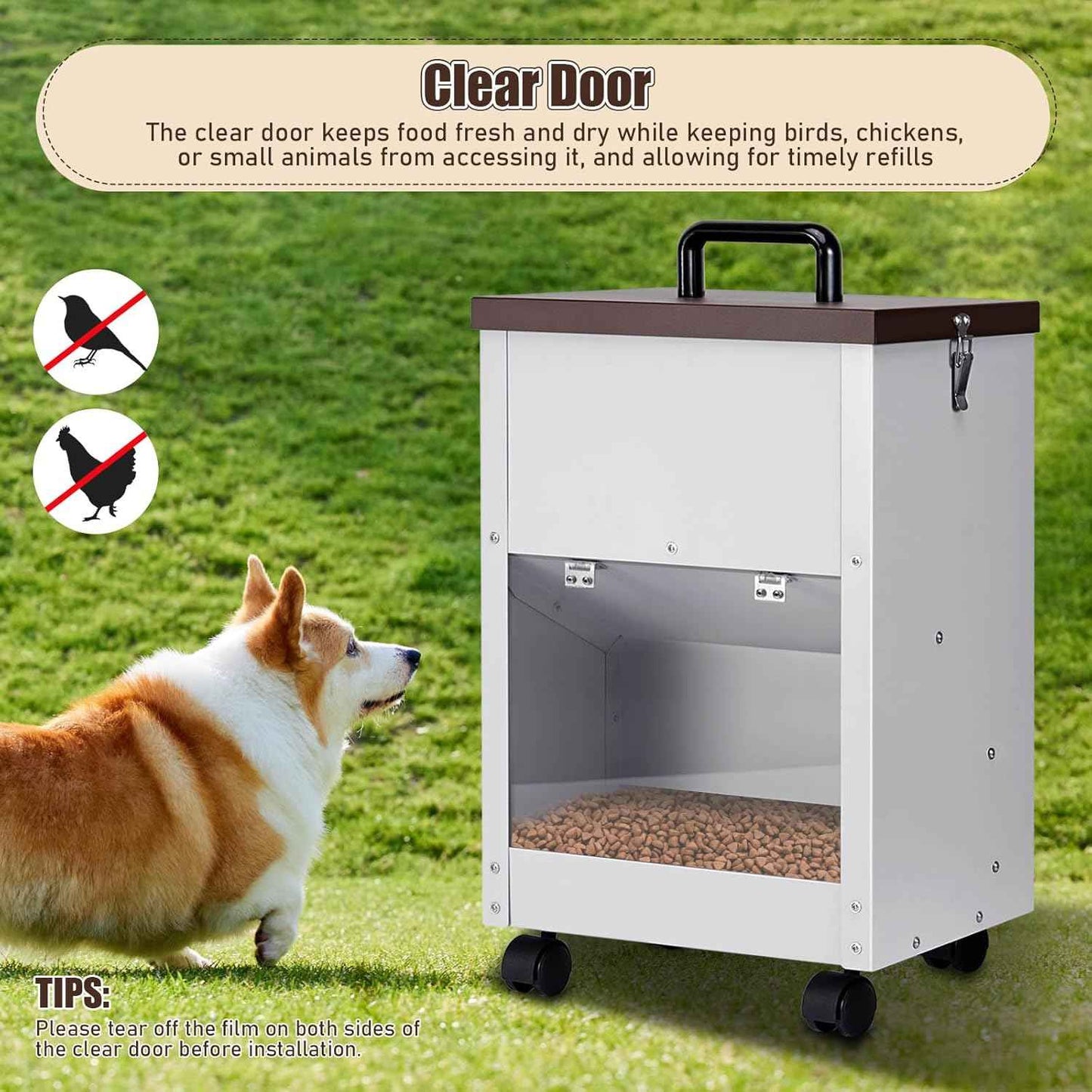 Outdoor Automatic Dog Feeder Large Breed 28 Lbs Capacity, Galvanized Metal Self Feeding Dog Food Dispenser with Clear Door, Gravity Pet Feeder Wall Mountable, Easy to Move with Wheels