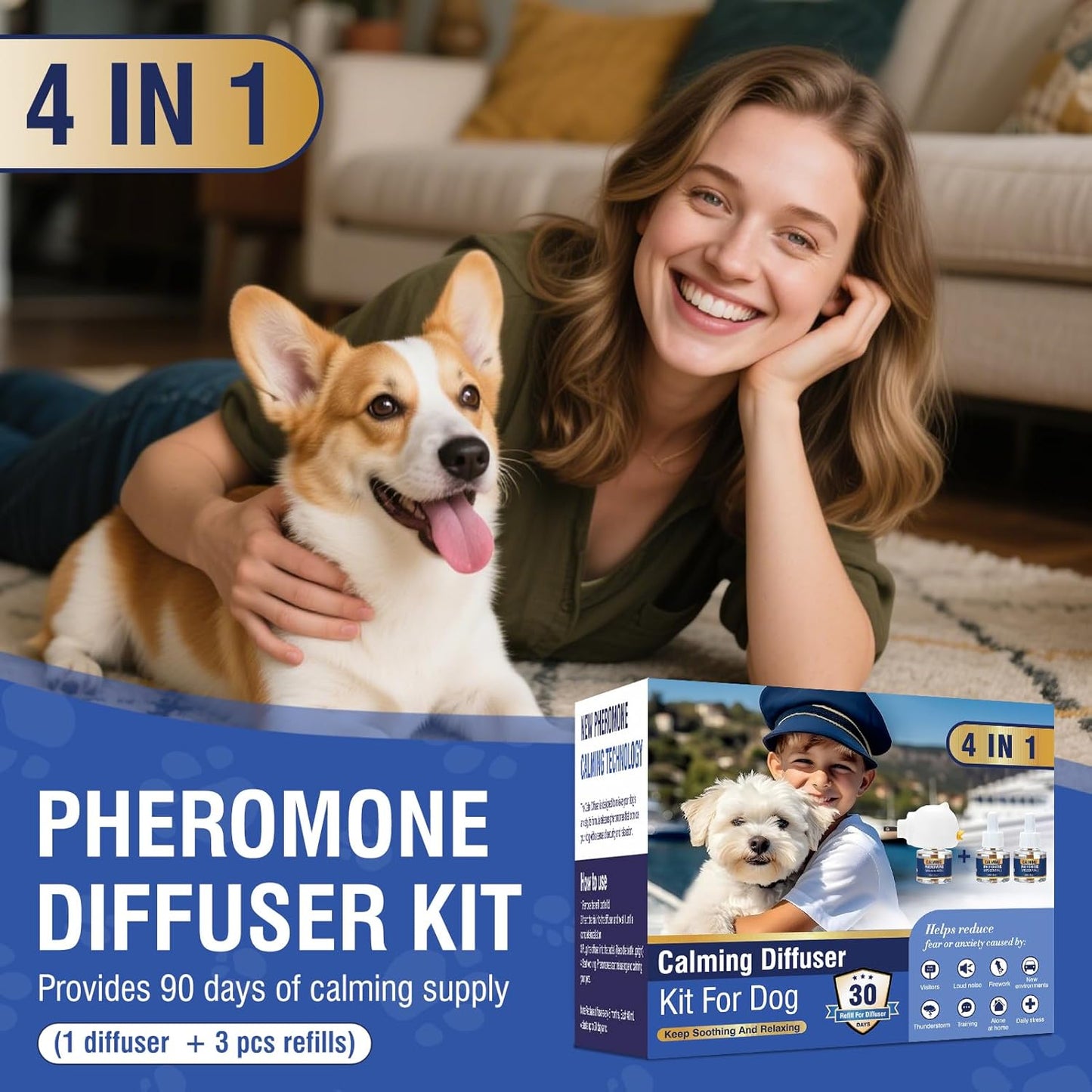 Calming Diffuser 4 in 1 Dog Pheromone Appeasing Pet Pheromones Diffuser to Calm Kit (Plug in+ 3 Pack 48ml Refill) for Anxiety Relief Reduce Barking Aggression Fighting Stress