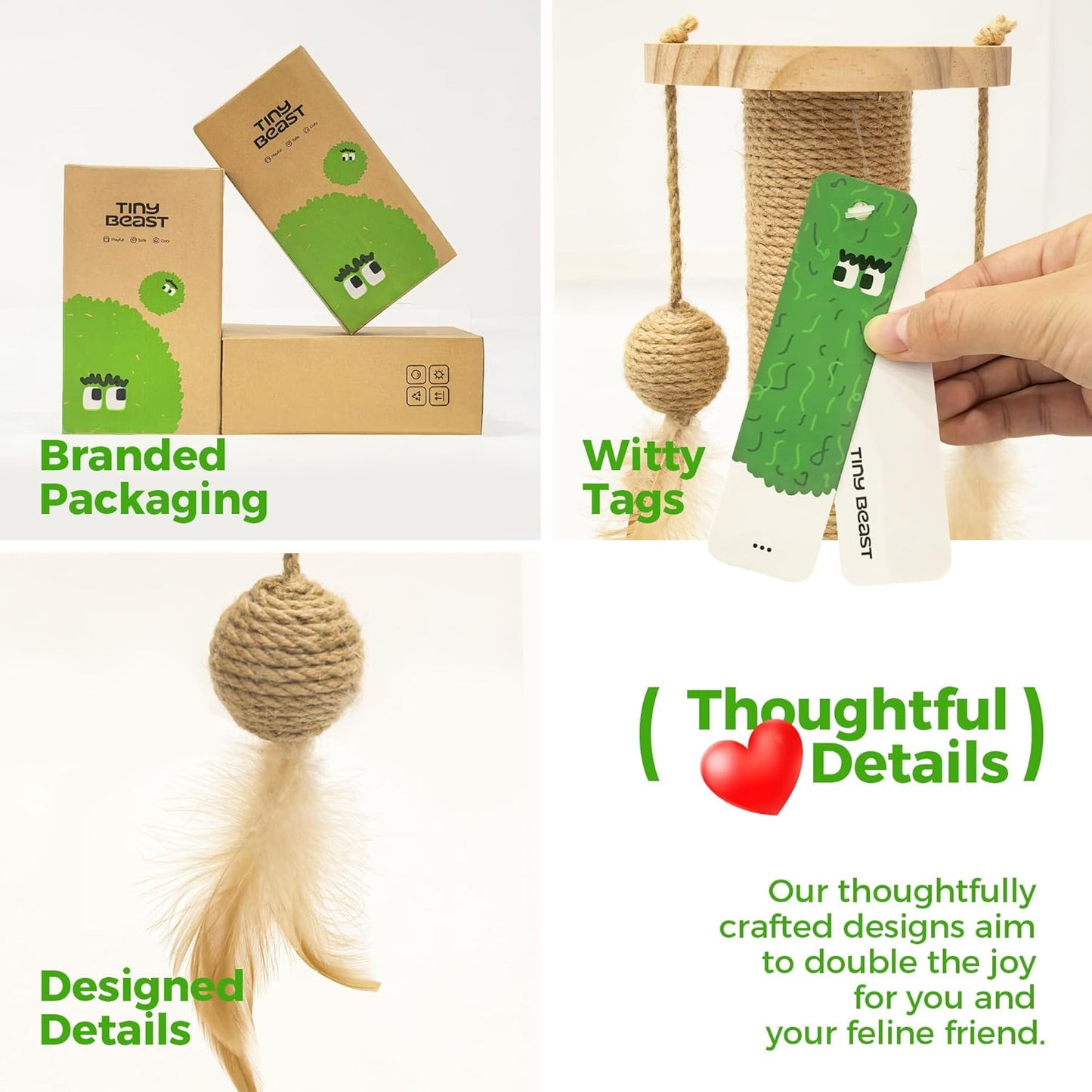 TINYBEAST Wooden Cat Scratching Post fot Kittens, 4 in 1 Cat Scratcher Toy with Cat Ball Tracks, 18" Tall Sisal Scratch Post for Indoor Kittens, Interactive Feather Toy and 2 Sisal Hanging Balls