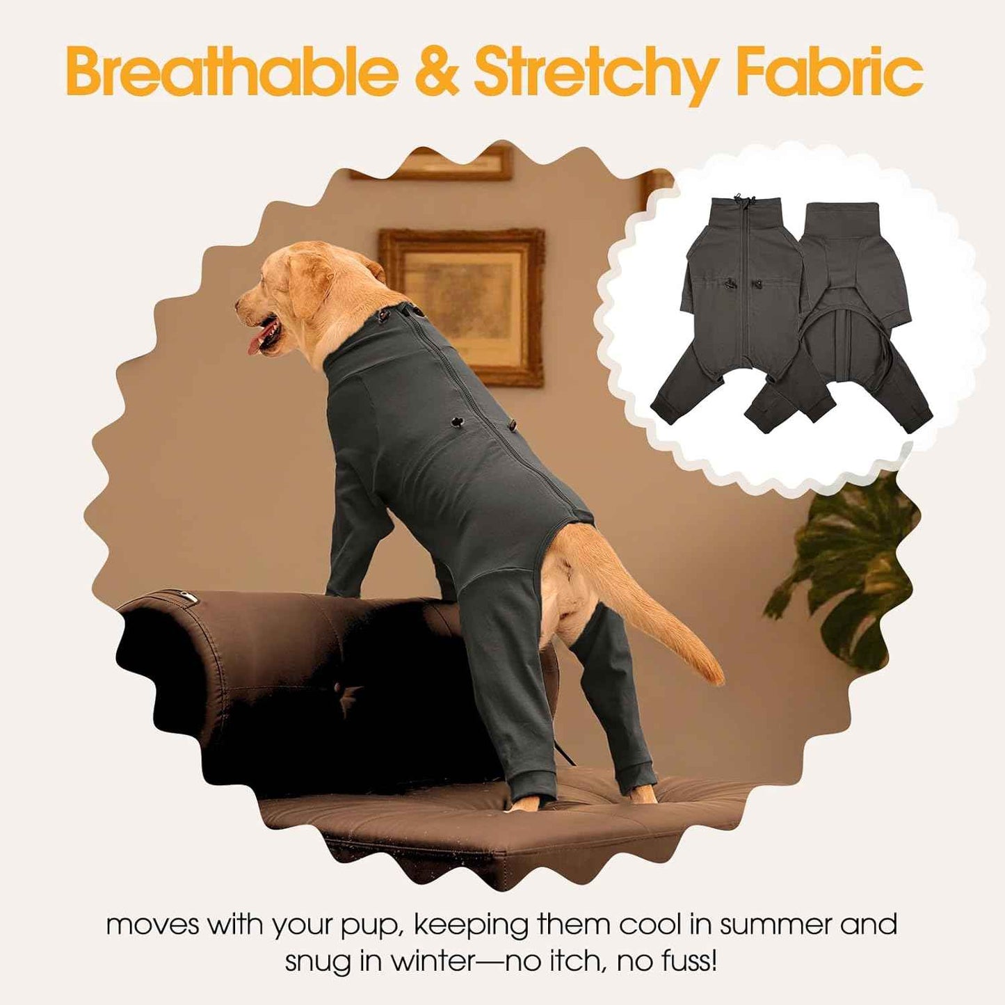 Dog Pjs for Large Breed with Zipper Back, Adjustable Long Sleeve Dog Recovery Suit for Dogs After Surgery, Soft Pet Shedding Suit E-Collar Alternative for Labrador, Golden Retriever, Grey 2XL